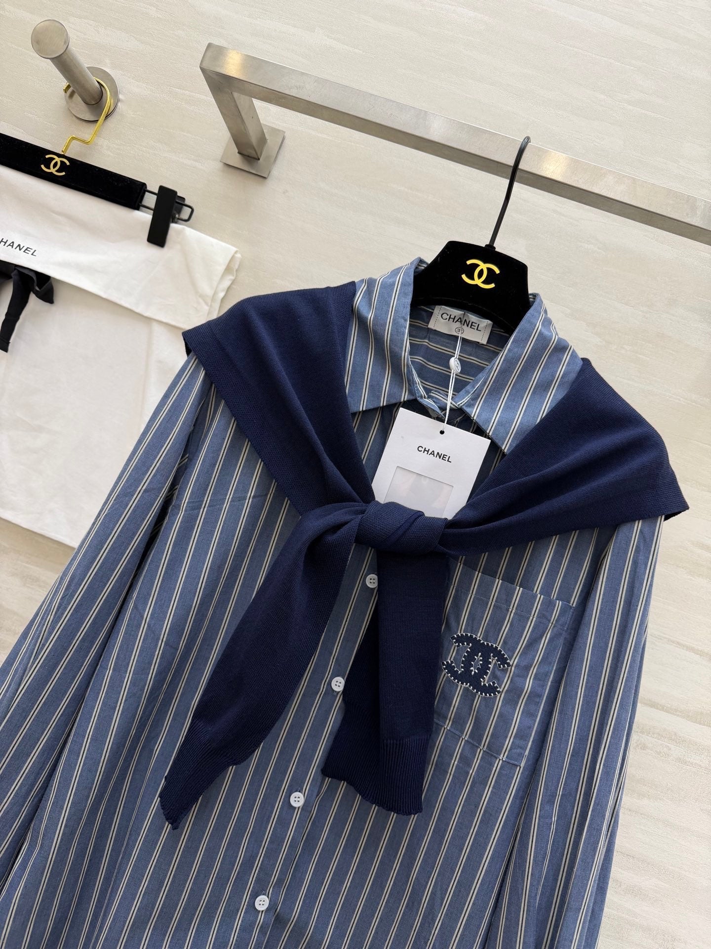 Chanel 2026 Sriped Shirt and Knitted Shawl Blue Cotton 352264