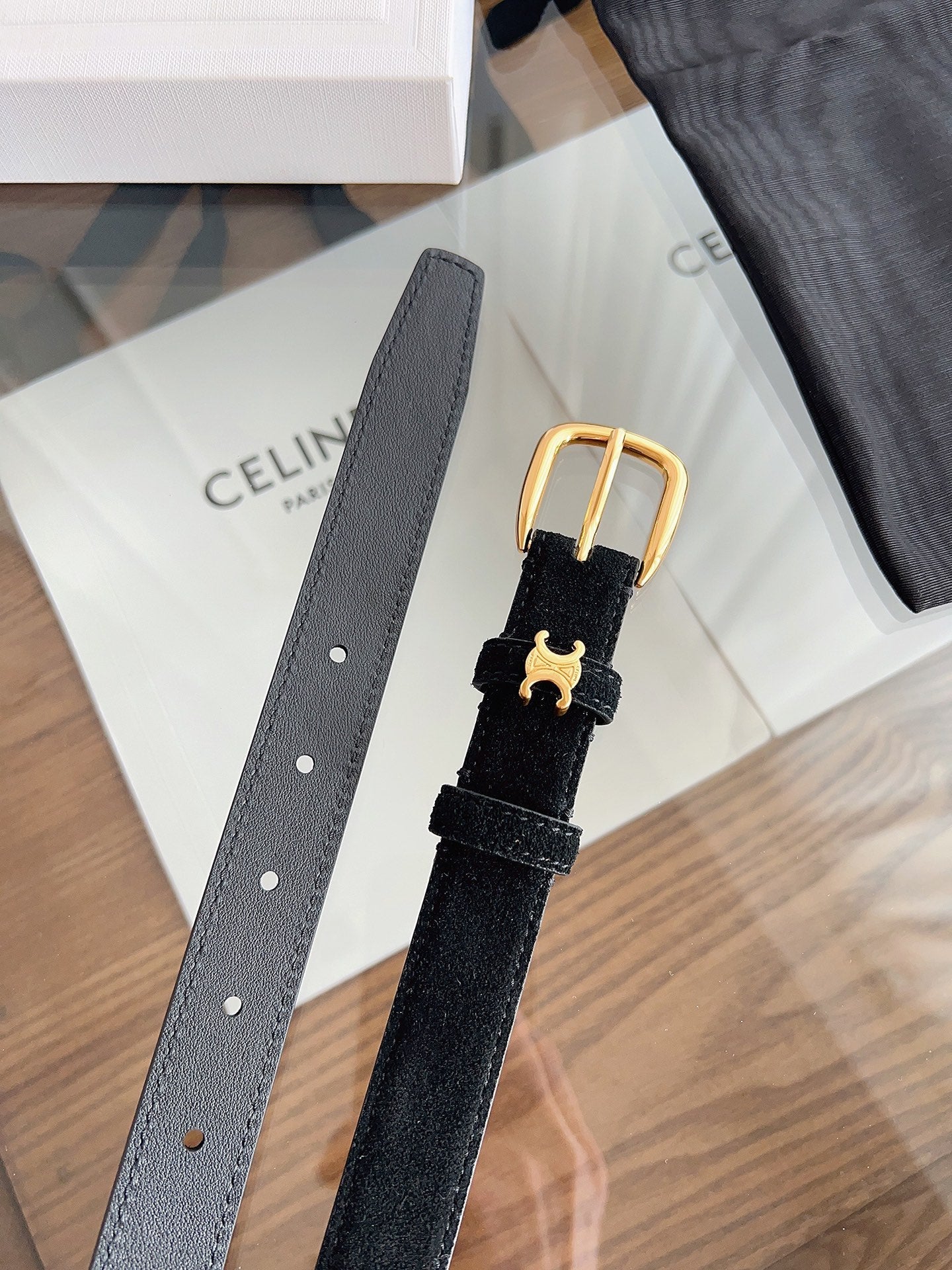 CL Gold 25mm Triomphe Metal Ring Black Suede 616255