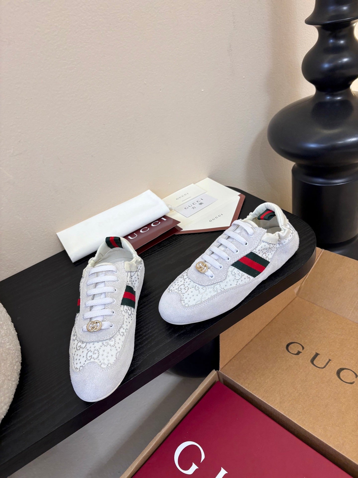 GG 26 Casual Sneakers White Light Gray Cowhide Suede Rhinestones 627231