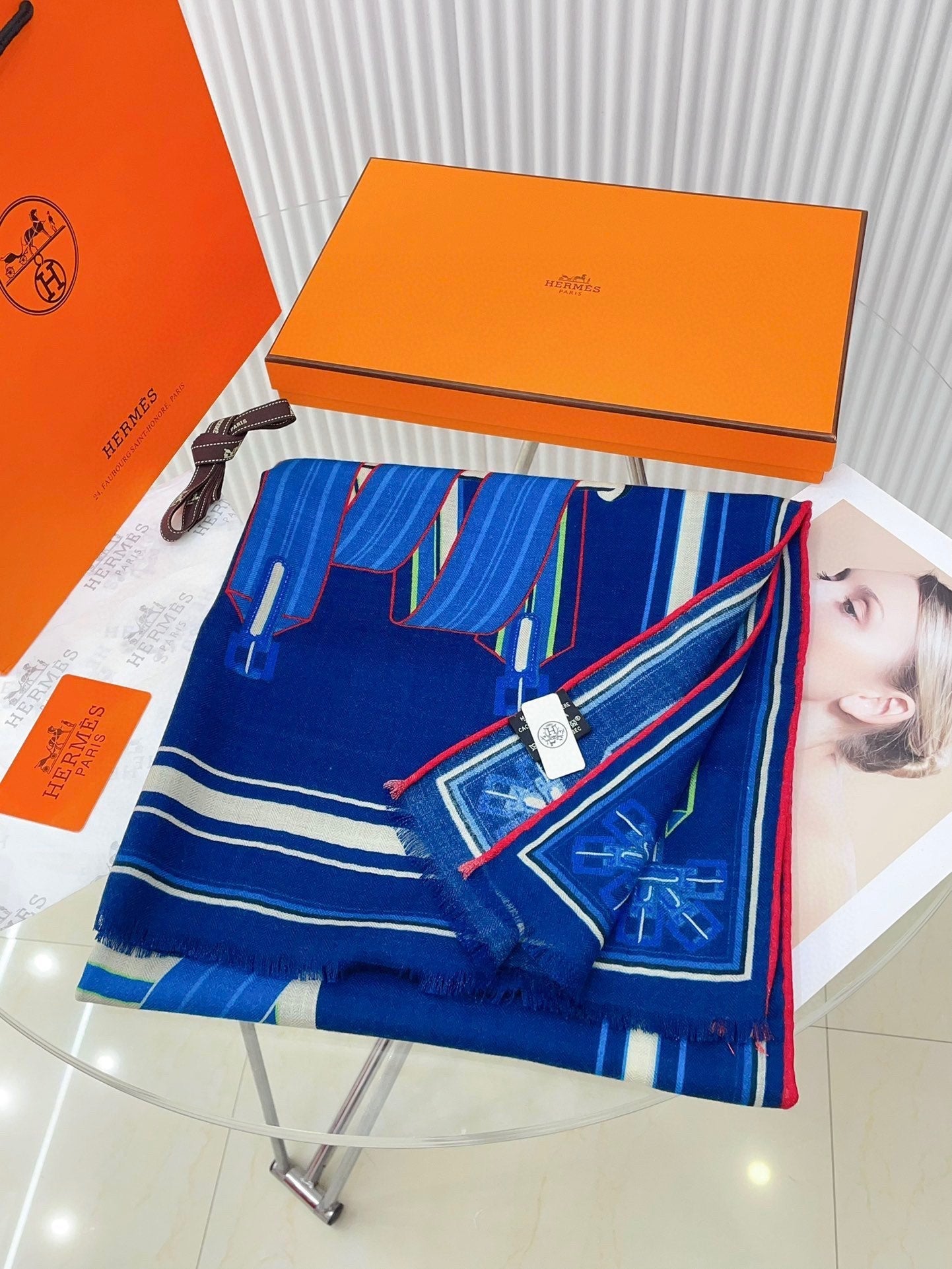 Les Sangles En Finesse Rectangle Scarf 180 CM In Dark Blue Colorful Cashmere And Silk  373657