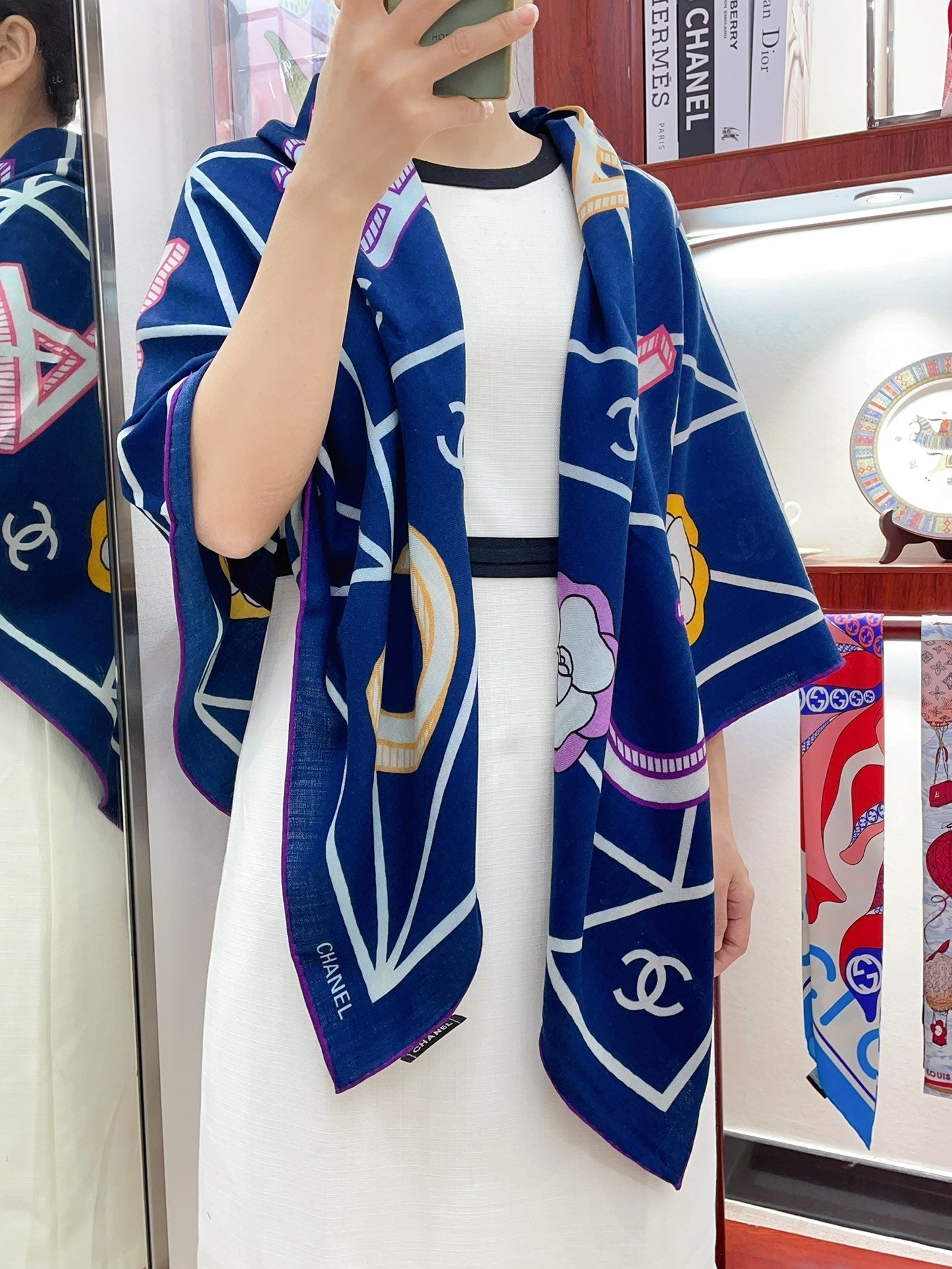 CC Square Scarf 140 CM In Dark Blue Colorful Cashmere Silk 418207