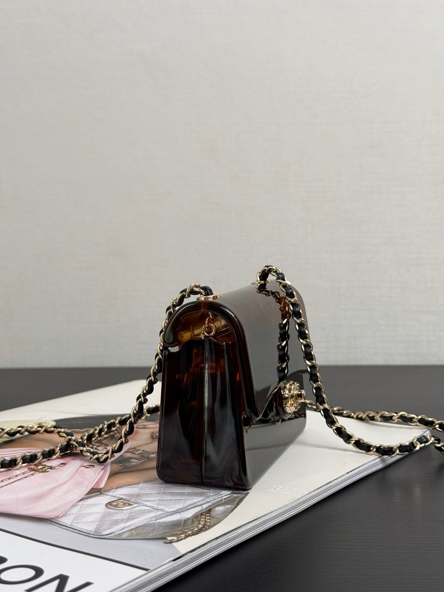 Chanel 2026 Mini Evening Bag 12cm Black Tortoiseshell-patterned Plexi Gold Metal