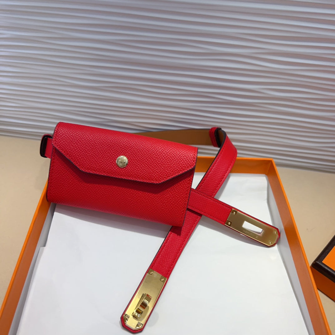 HM KELLY POCKET 18MM BELT CHERRY RED LEATHER GOLD HARDWARE