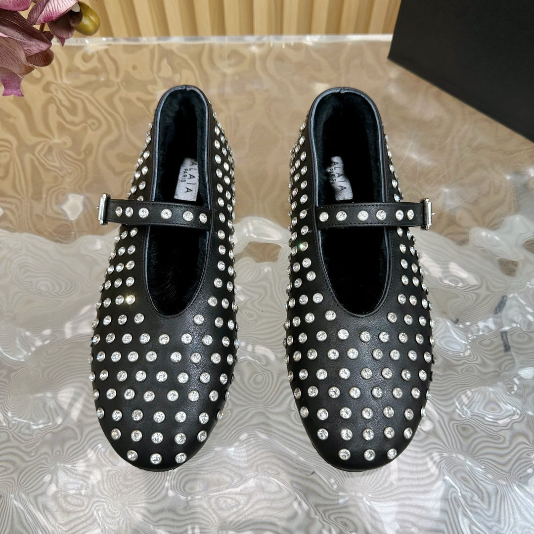 Alaia Strass Ballet Flats In Black Calfskin With Fleece Lining  926043