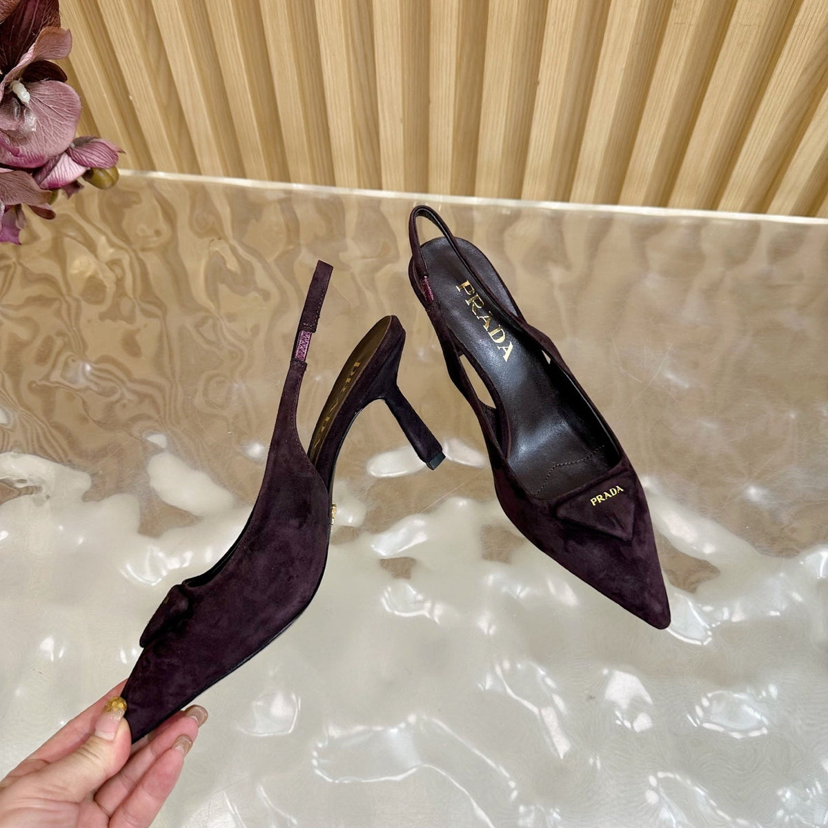 Prada 2025 Slingback Deep Burgundy Suede Sheepskin