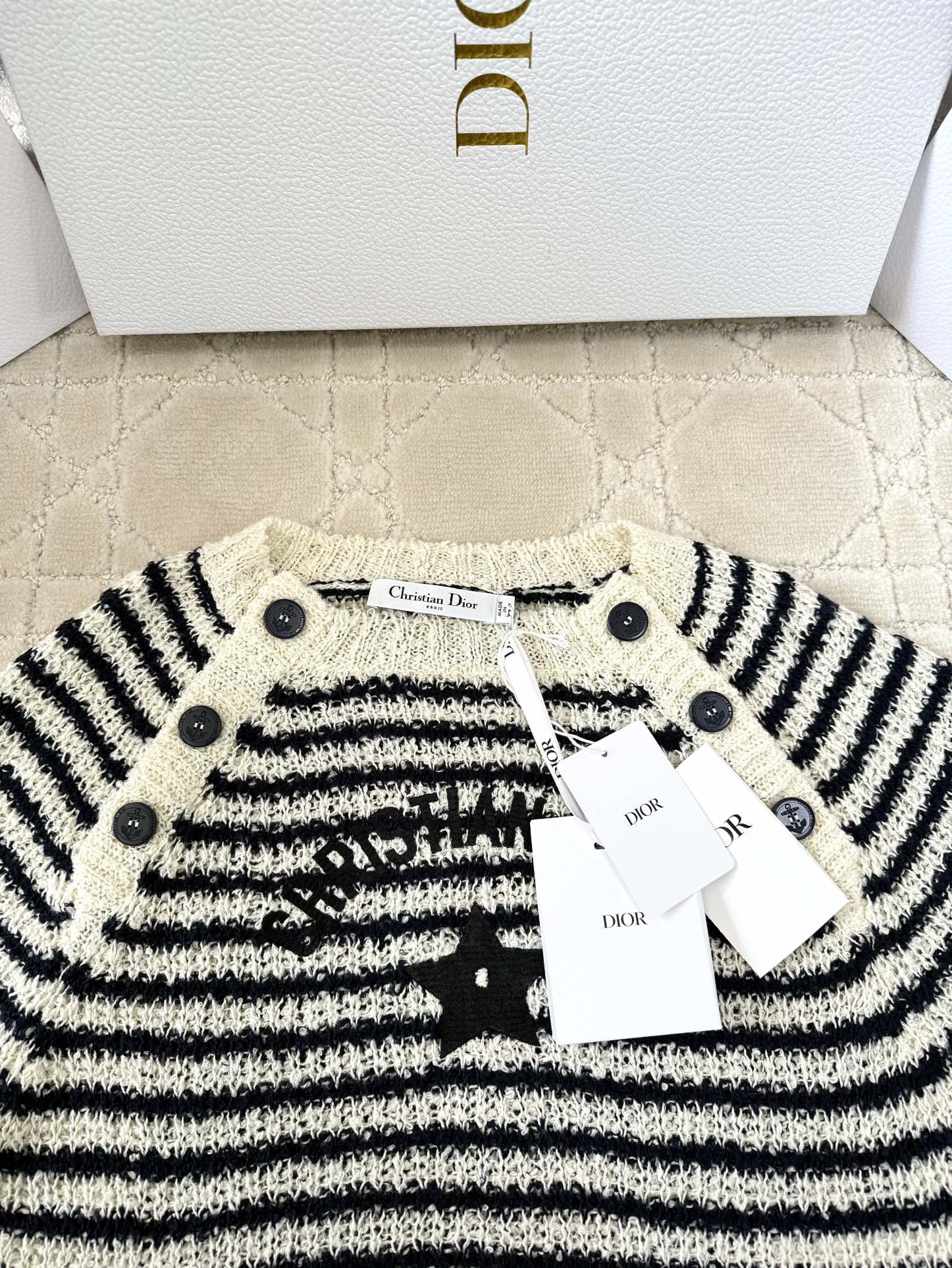 CD 2025 Striped Knitted Short Sleeves Beige mix Black Cotton