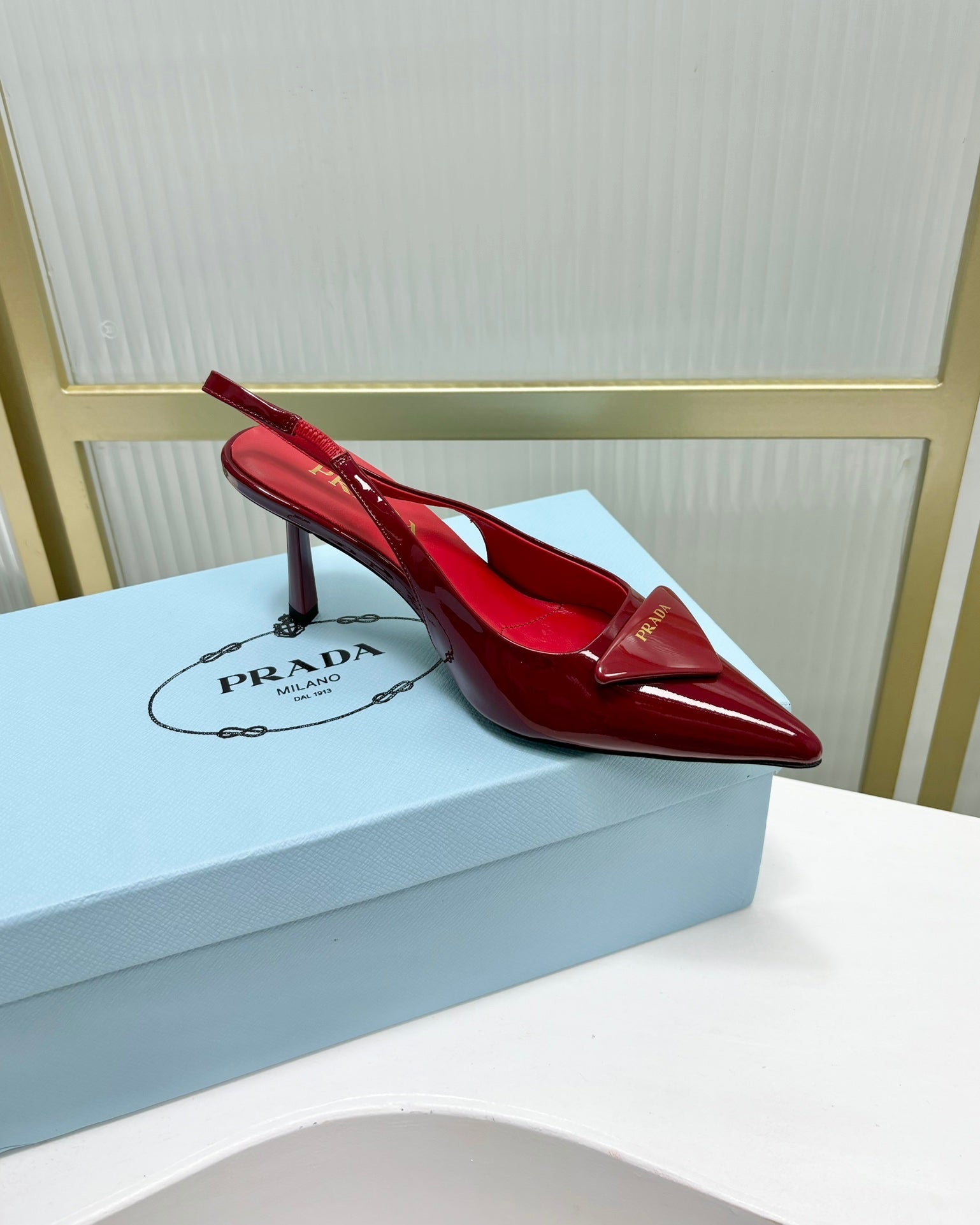 Prada 2026 High-Heeled Open-Back Sandal Red Cowhide Patent Leather 756123