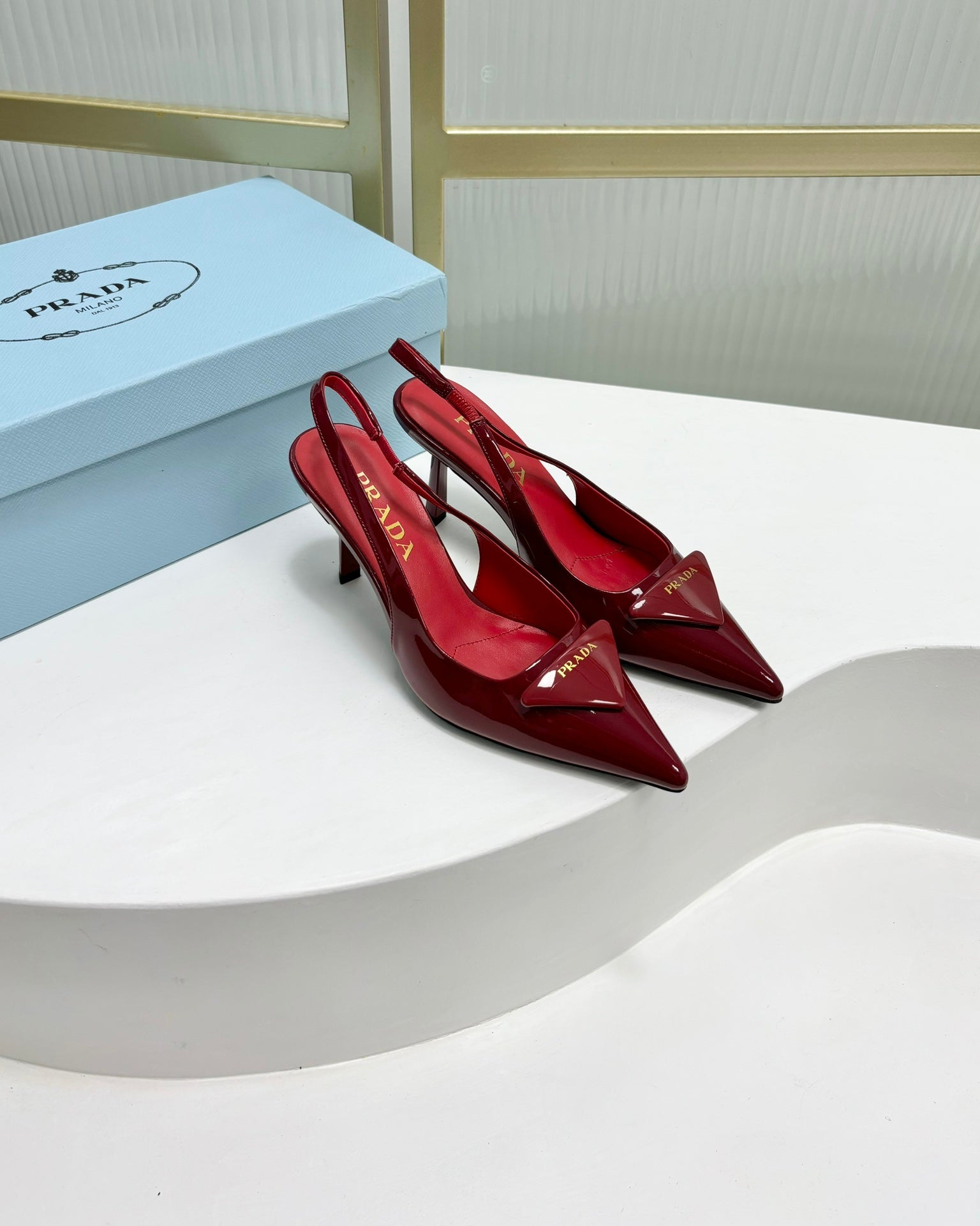 Prada 2026 High-Heeled Open-Back Sandal Red Cowhide Patent Leather 756123