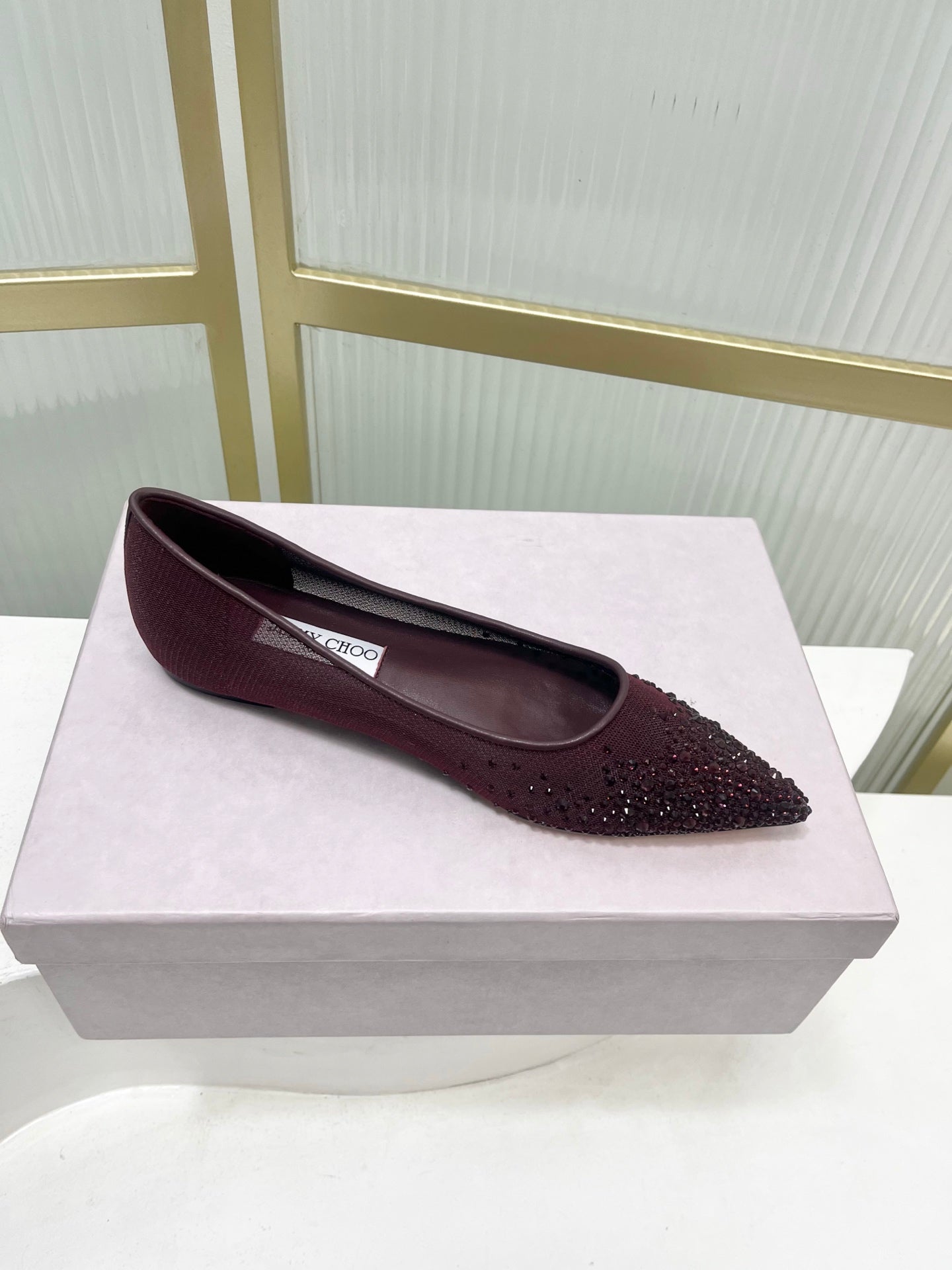 Jimmy 26s Ballet Flats Burgundy Rhinestones Mesh Sheepskin 605980