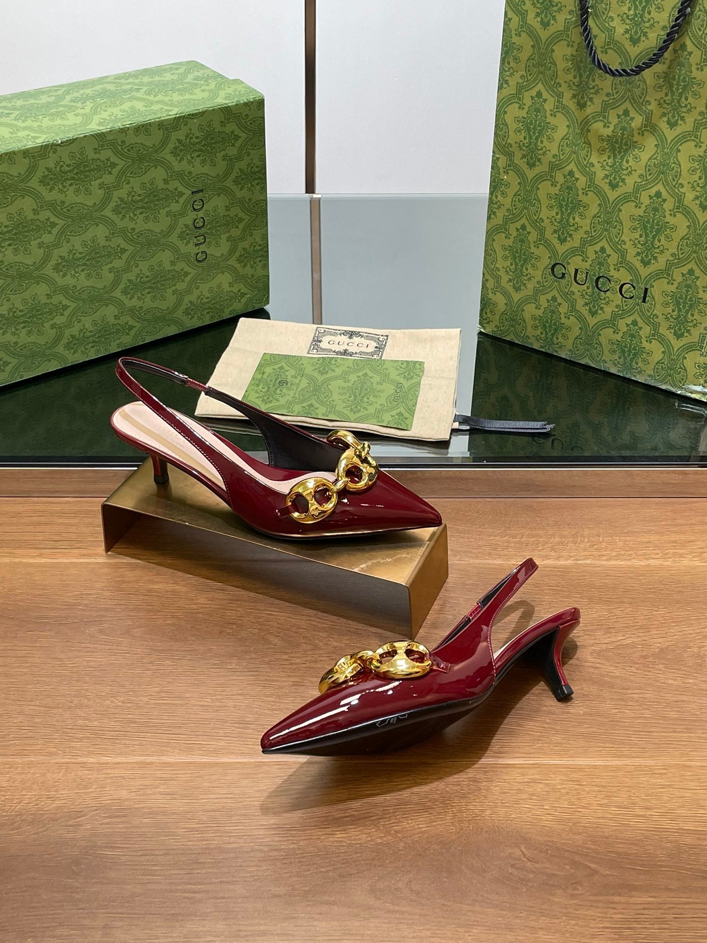 GG MID-HEELED SLINGBACK 4.5 CM IN WINE RED GLOSSY CALFSKIN