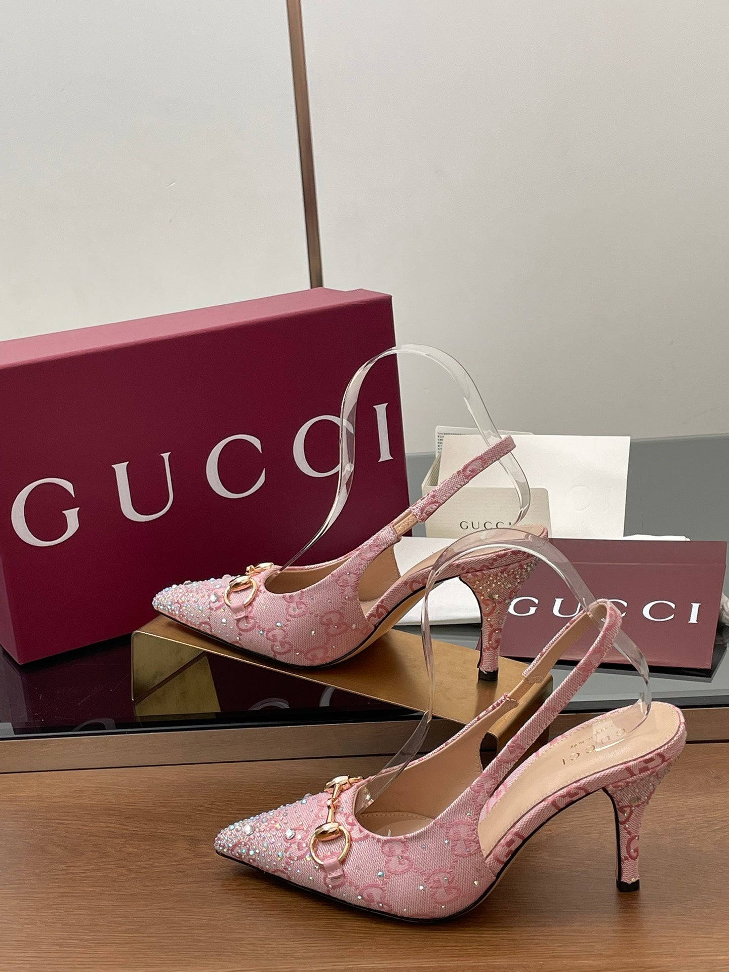 GG Horsebit Slingback 75mm Pink Ebony Monogram Canvas Point Toe Crystal-Embellished