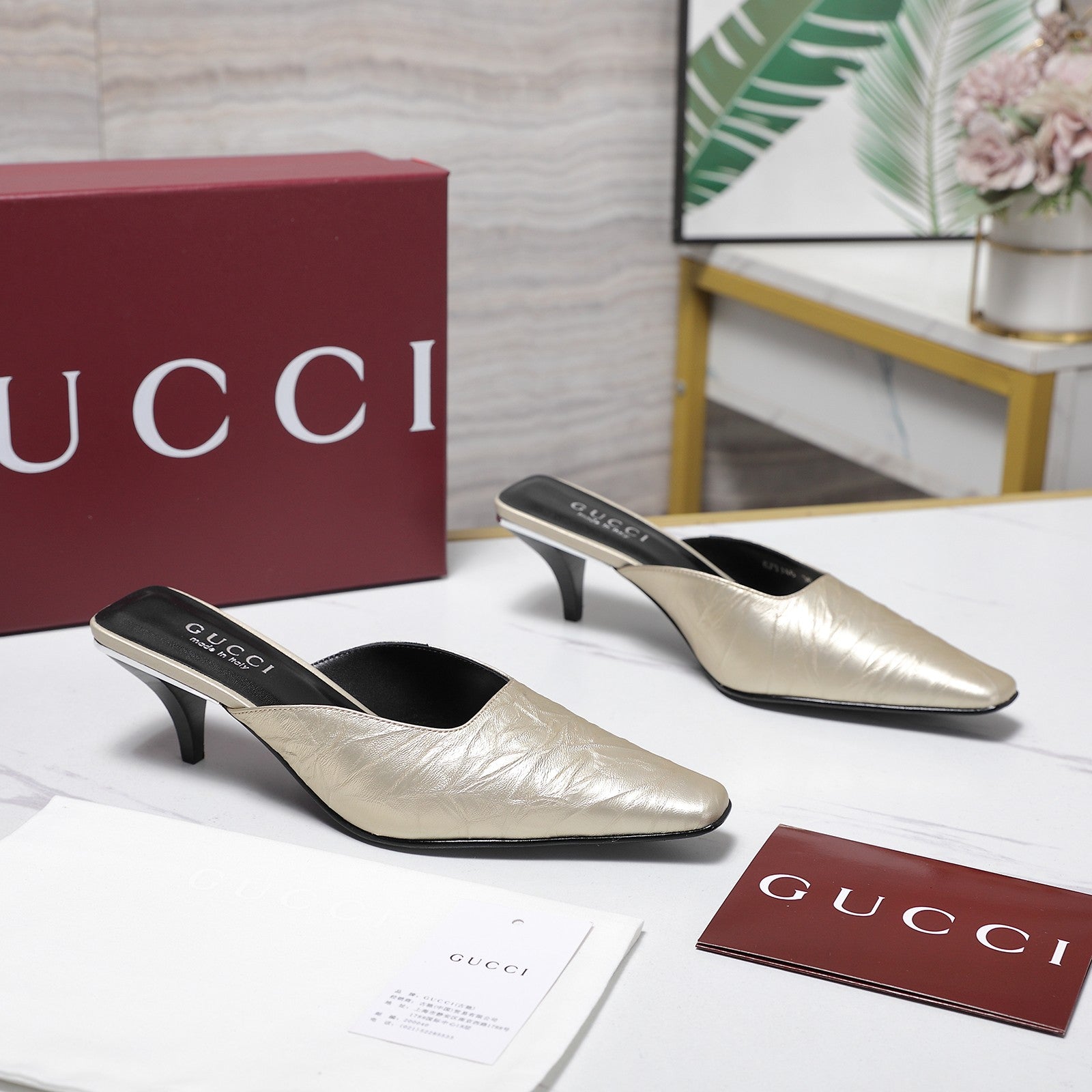 GG 26ss High Heel Mule 60 Metallic Gold Sheepskin 601083