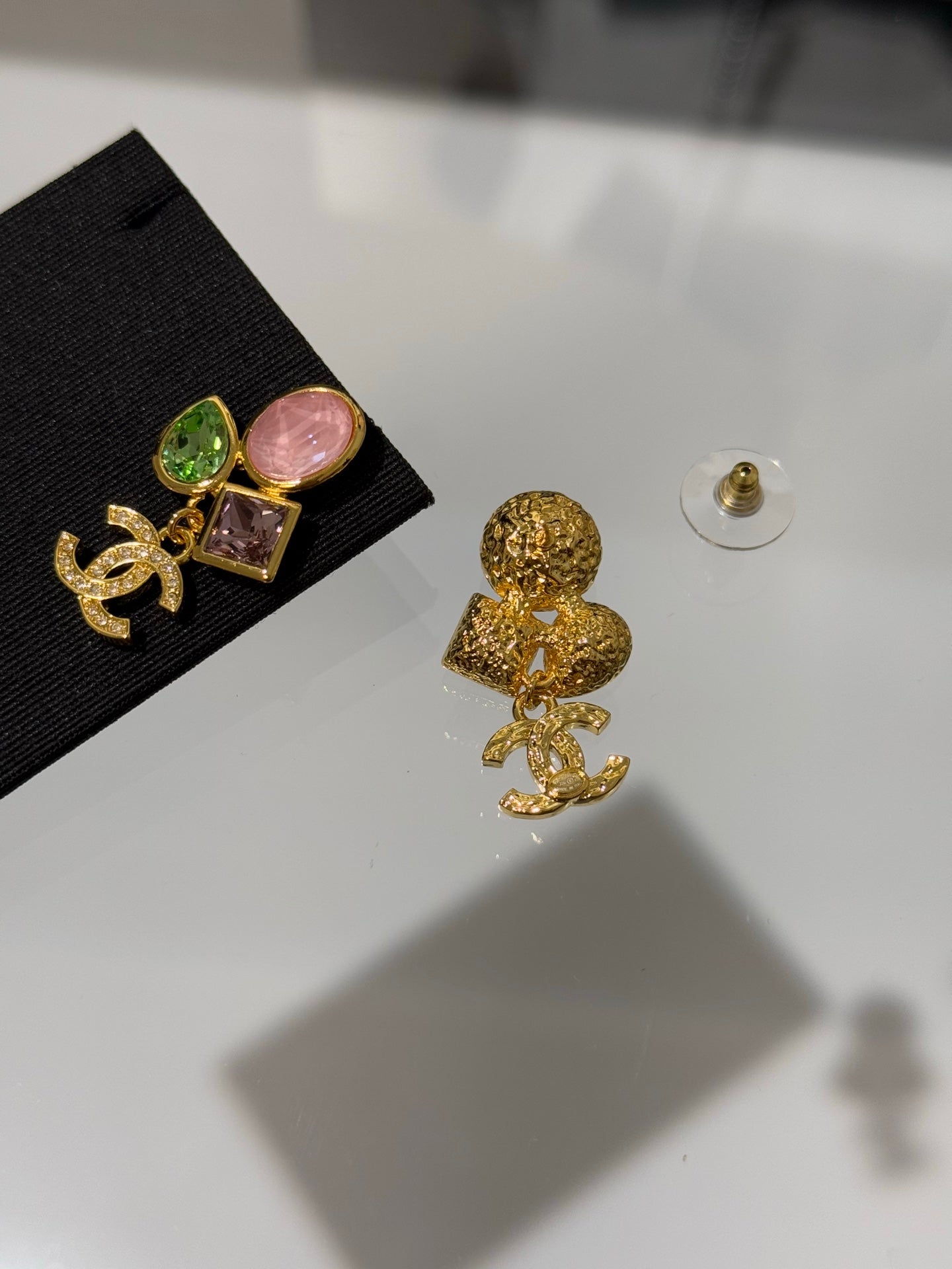 Chanel 2026 Gemstone Gold Full Diamond Double C Glass Pearl AB Style Earrings
