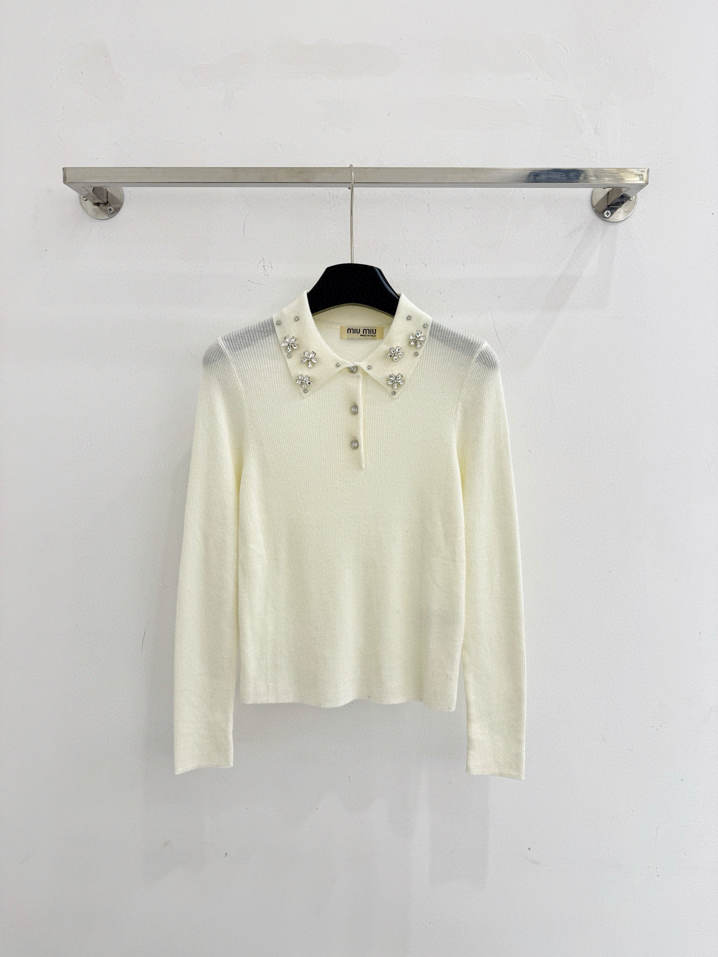 Miumiu 2025  Beaded Collar Long-Sleeve Knit Sweate Wool