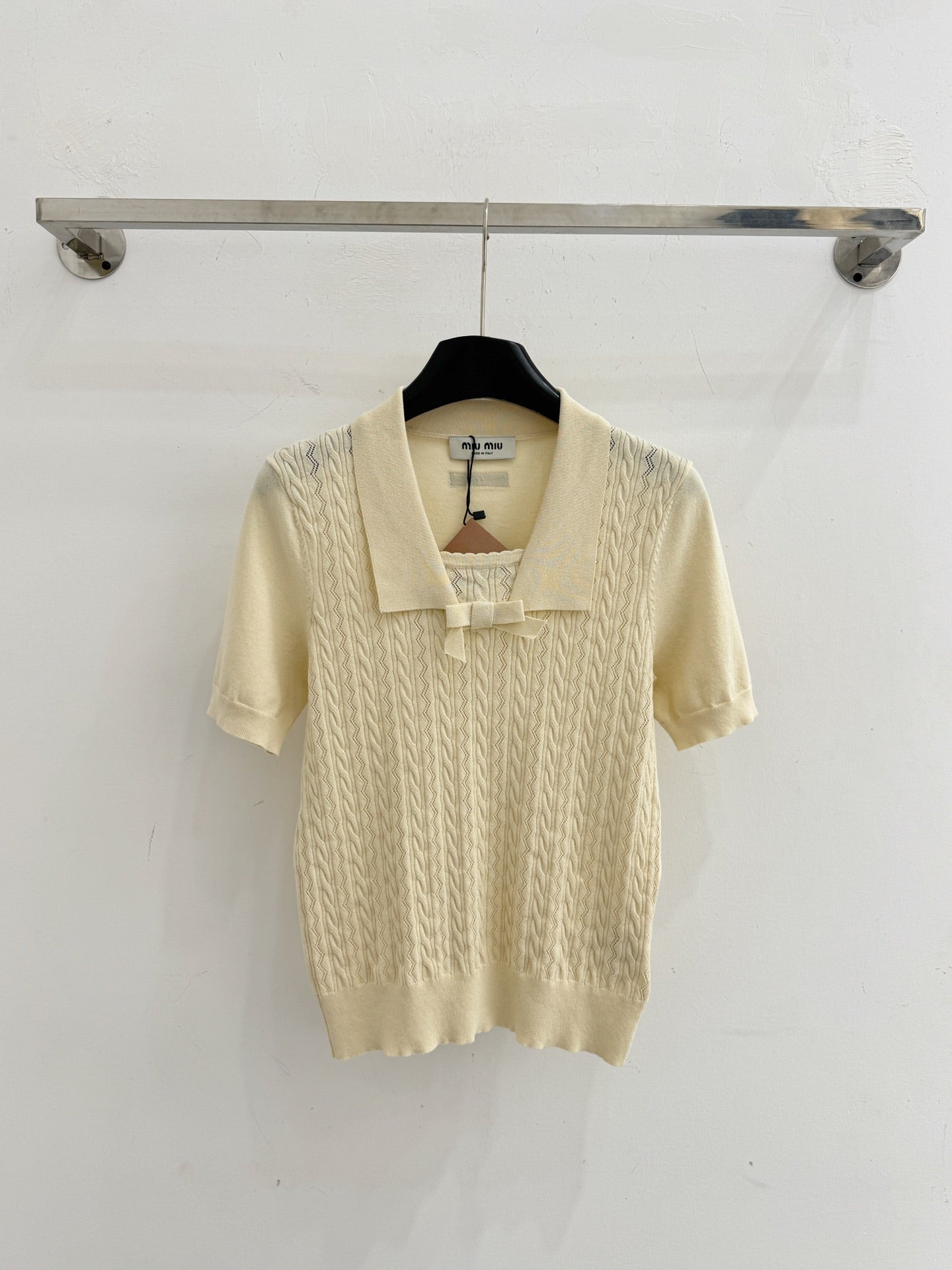 Miumiu 2026 Collared Bow Cable Knit Short-Sleeve T-Shirt Wool 513865
