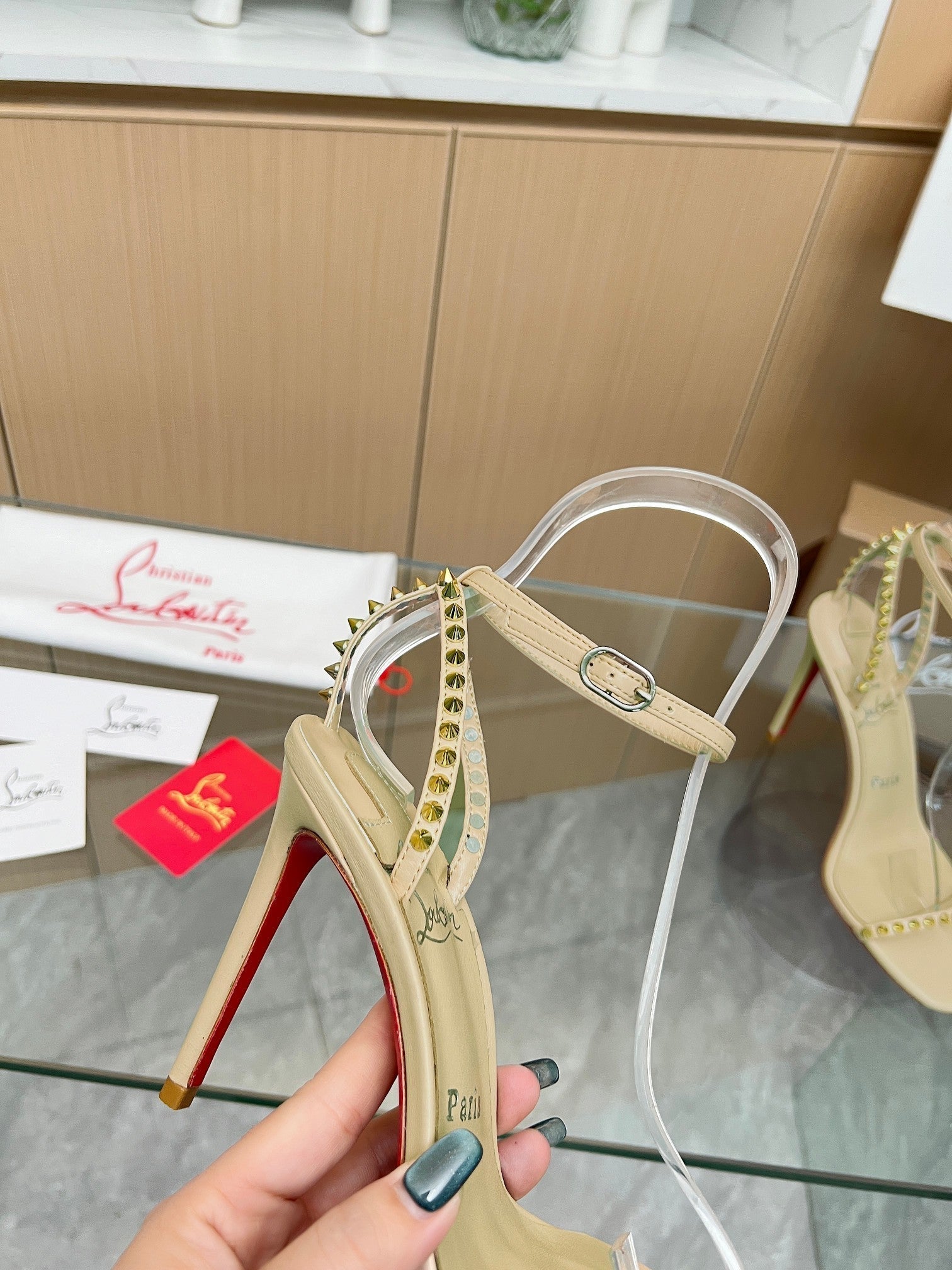 CL So Me 105 mm Strappy Sandal Cream Imported Rivets with Sheepskin 251017