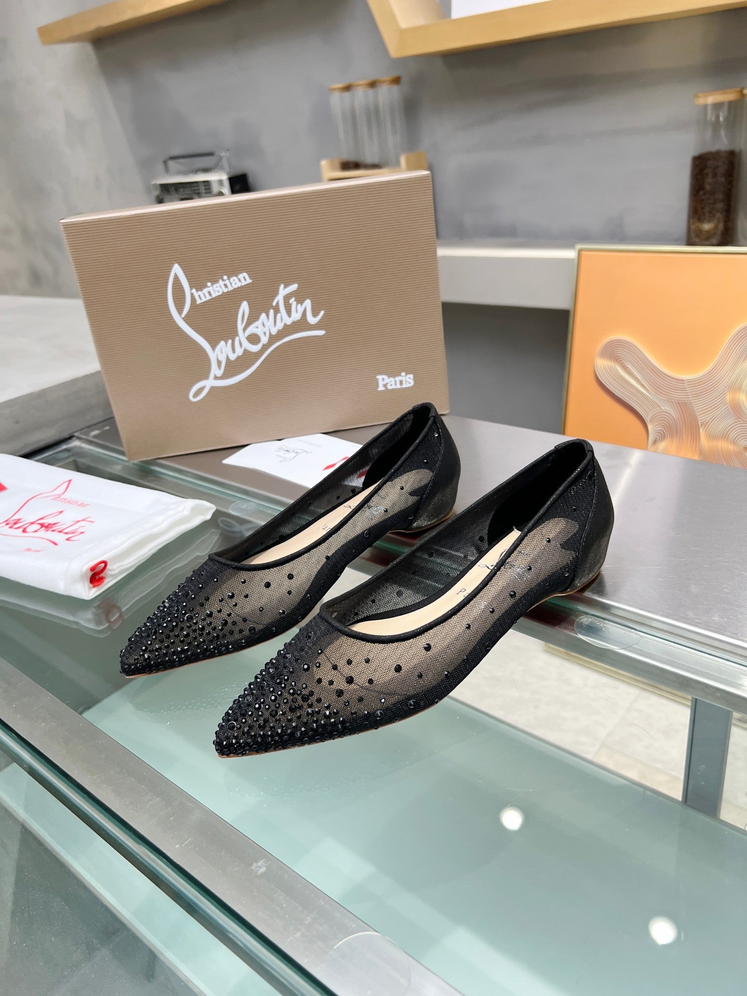CL Follies Strass Flats Mesh Black