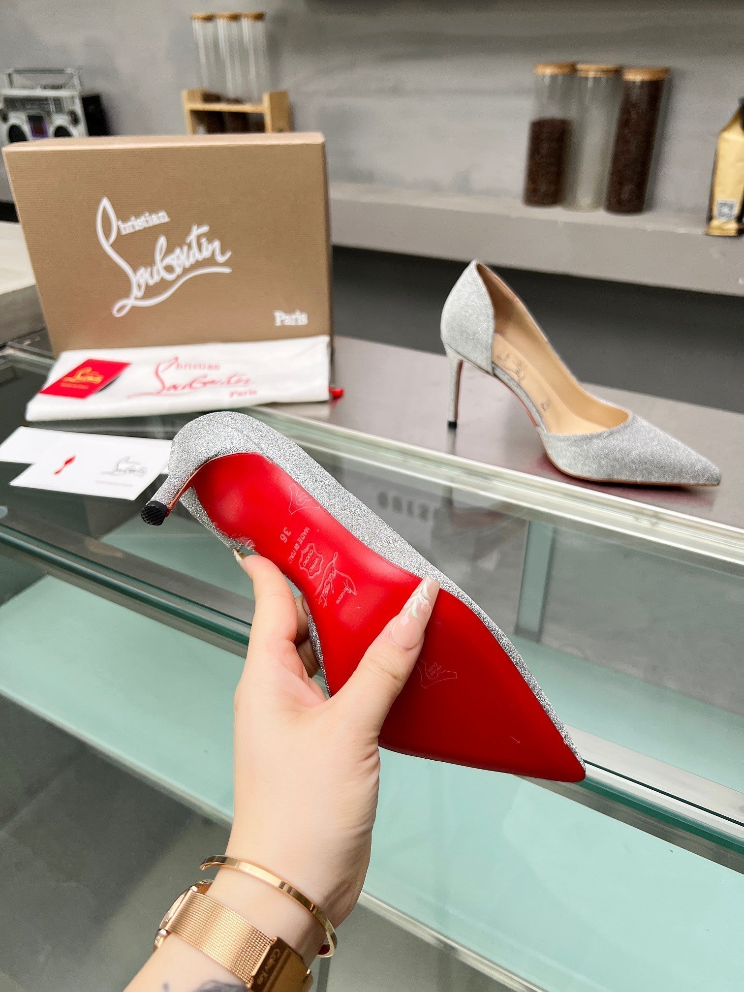 Cl Iriza 85mm Pumps Glittered Calf Leather Silver