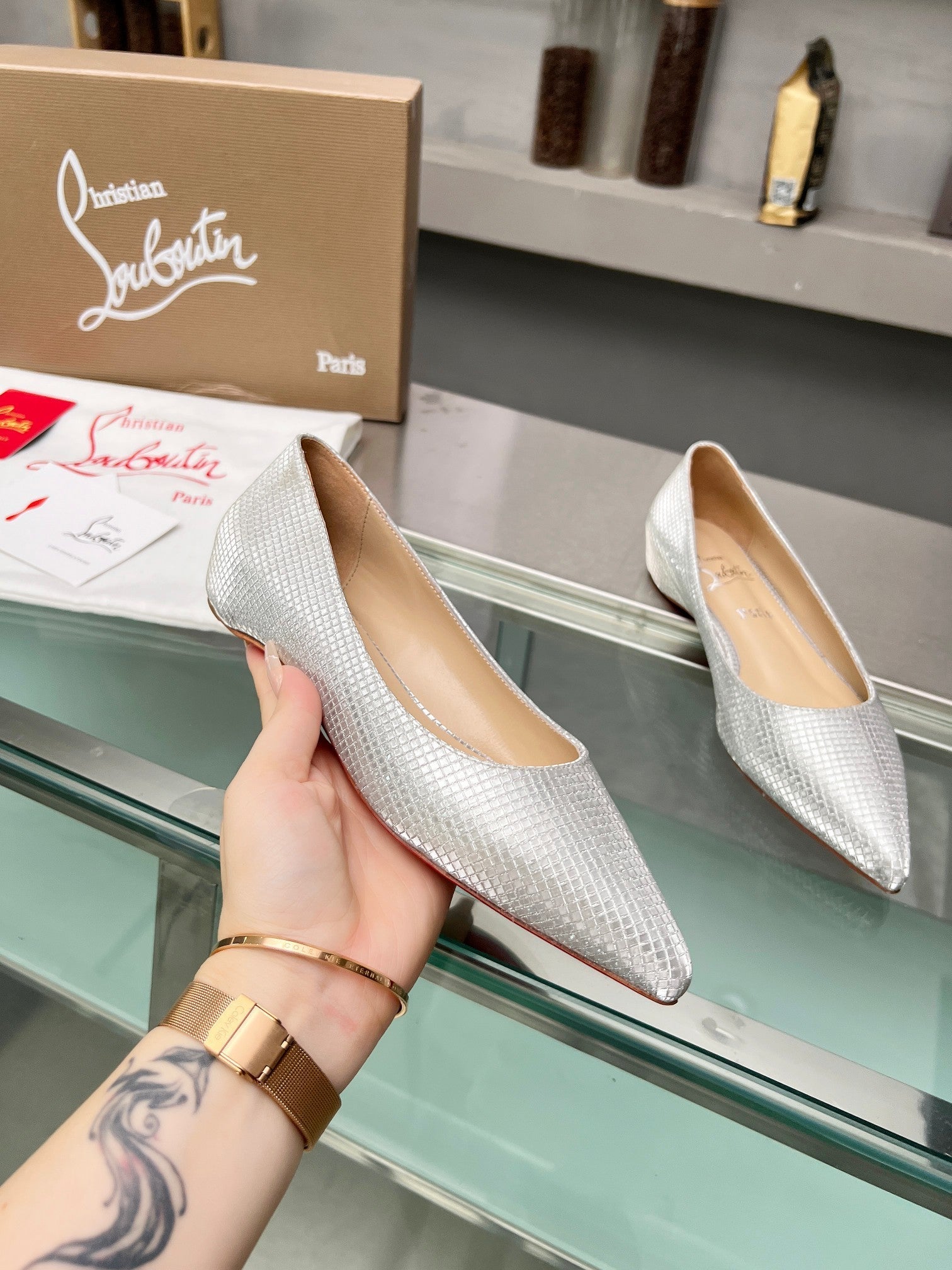 CL Kate Ballerina Flats Sequin Fabric Silver