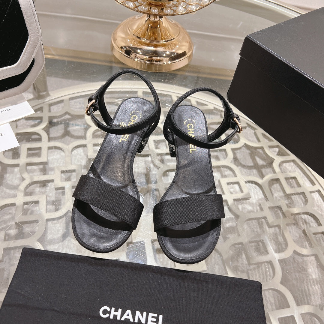 CC 25C 5CM Mid Heed Sandals Black Fabric 213321