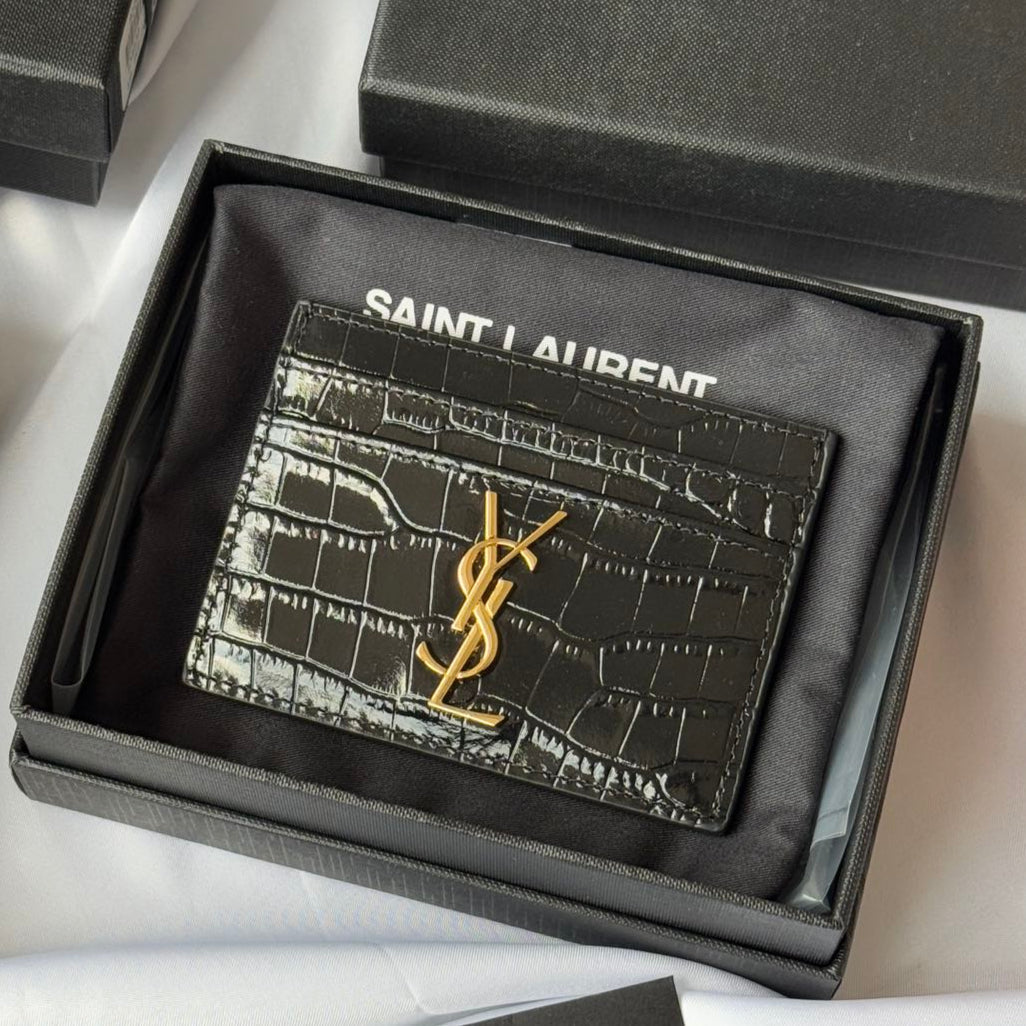 YSL Card Holder 10cm Wallet Black Gold Leather 240550