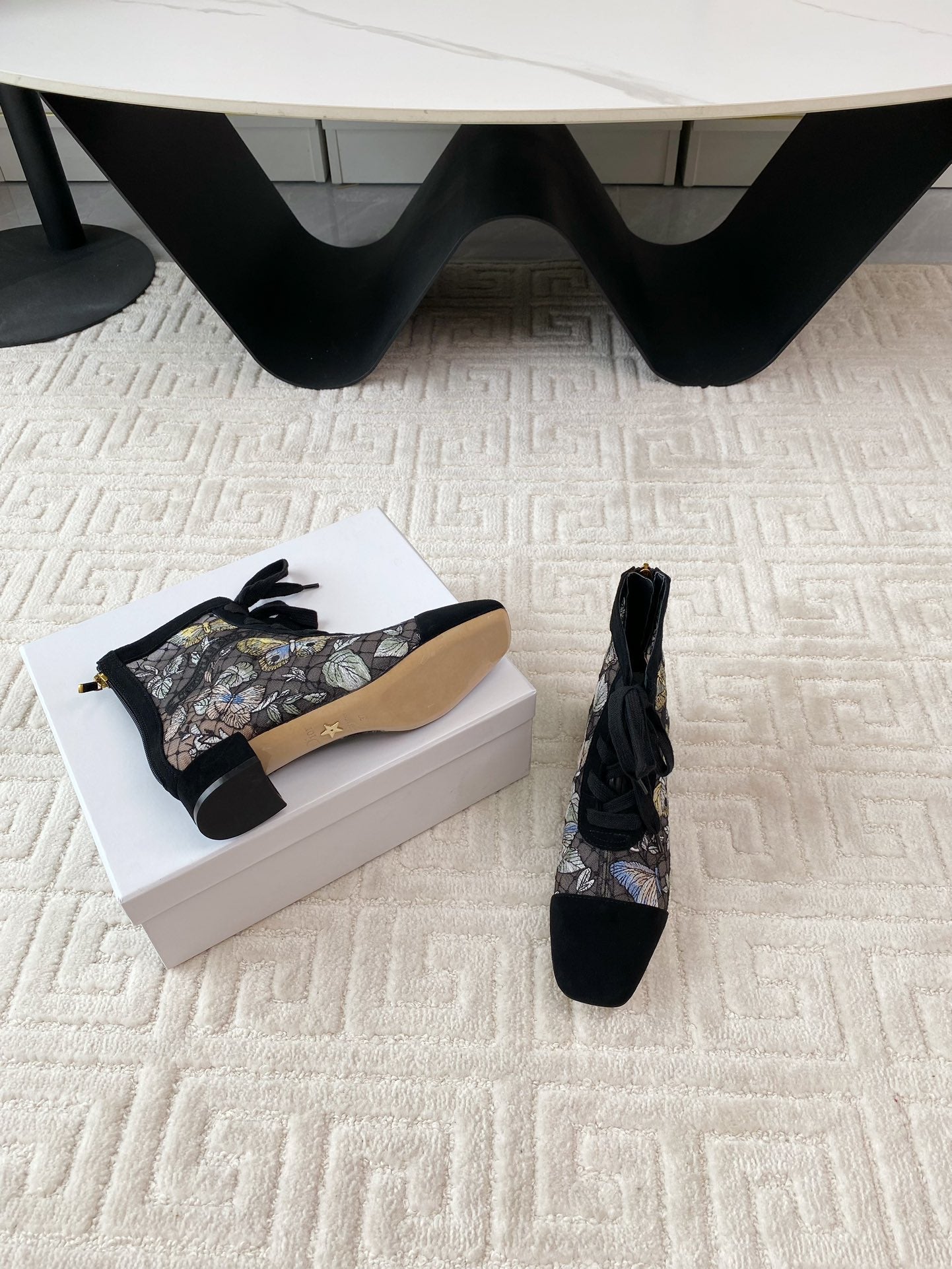 CD Naughtily-D Heeled Ankle Boot Black Mix Yellow Blue Transparent Mesh Butterfly And Suede