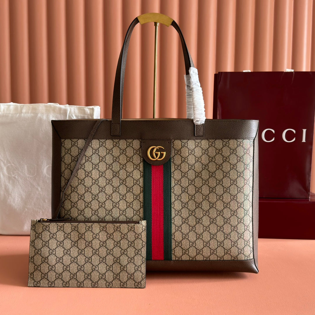 GG 2025 Ophidia Tote Bag 44cm Ebony Brown Canvas Leather 273715