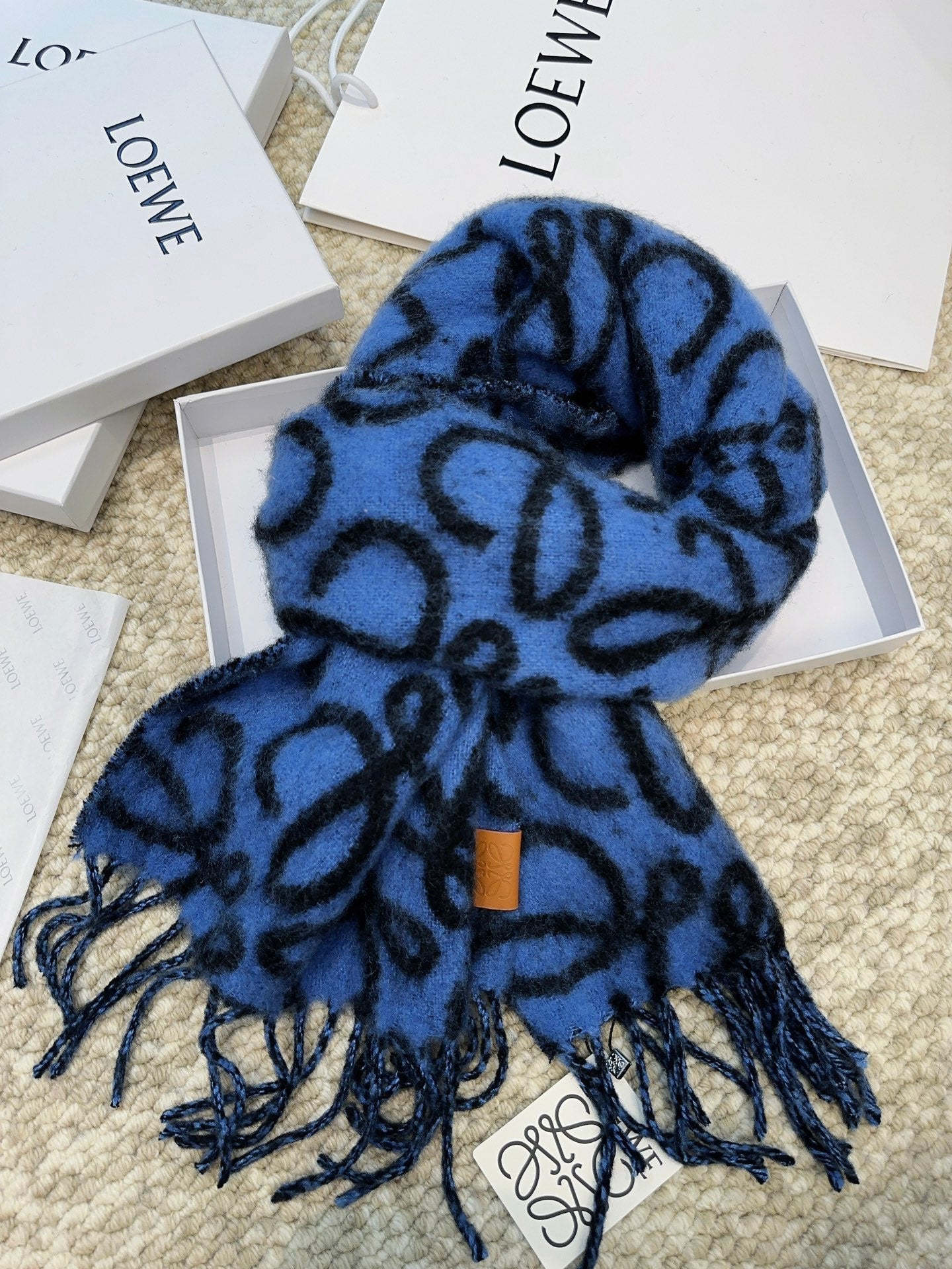 Loewe Scarf 180CM  Dark Blue Black Wool Cashmere 968583