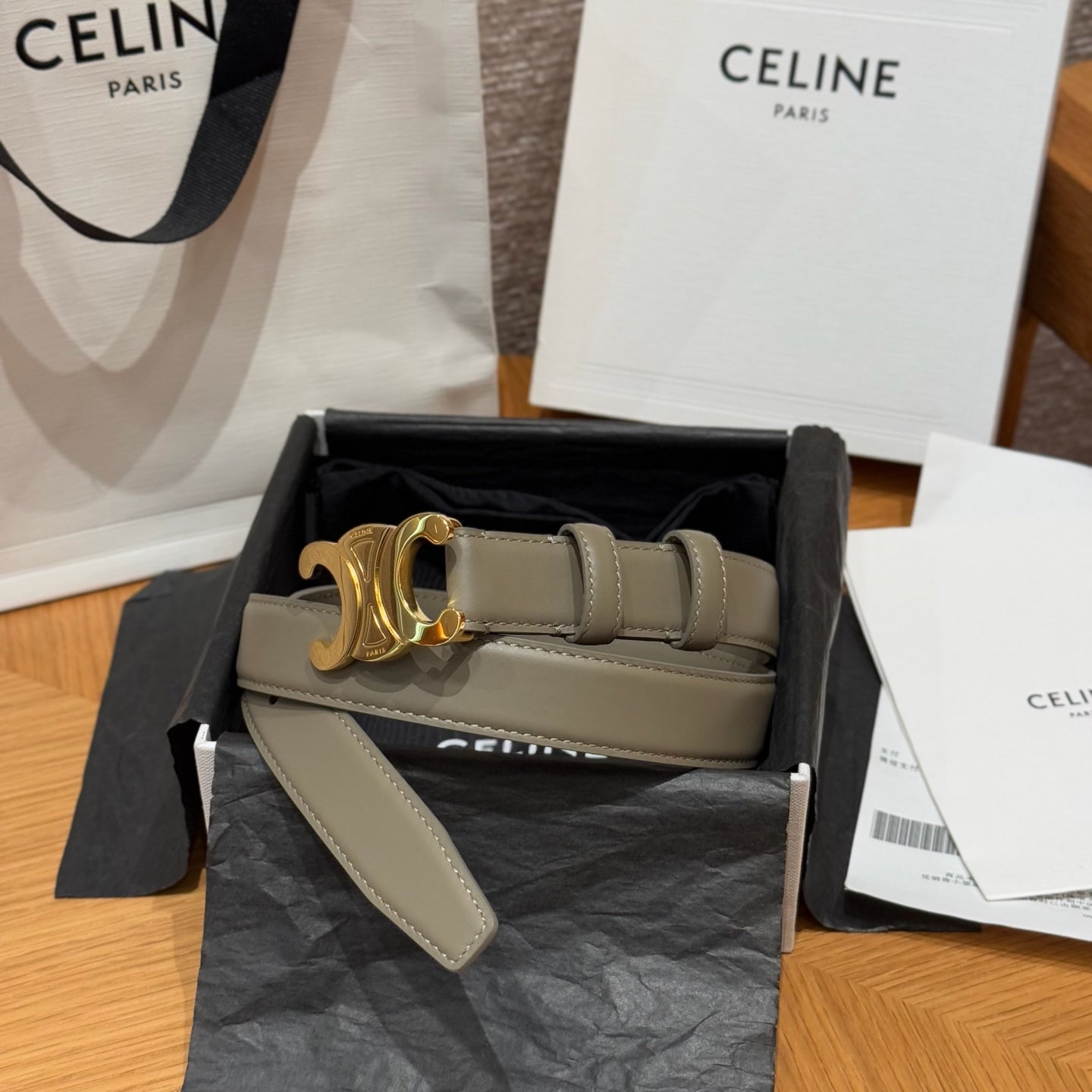 CEL Triomphe Belt 25mm Etoupe Gold Calfskin 187493