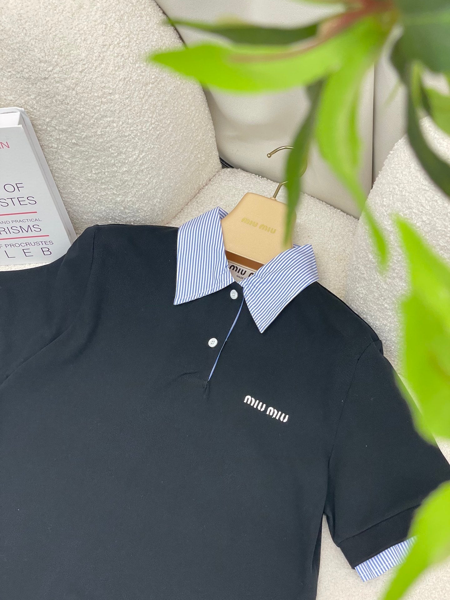 Miumiu 2026 Striped Patchwork Polo Shirt Black Blue Cotton
