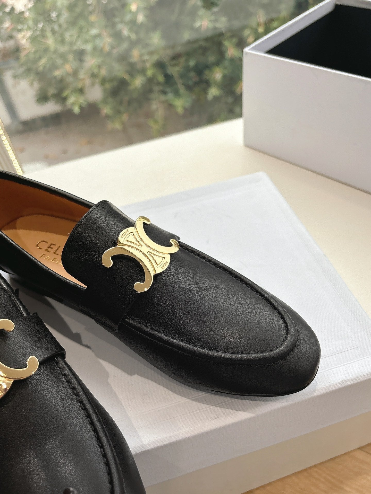 CELINE Buckle Triomphe Loafers Black Leather 285958