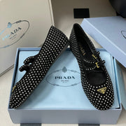 Prada 2025 Triangle Logo Rhinestone Ballet Flat Black Suede Sheepskin 247822