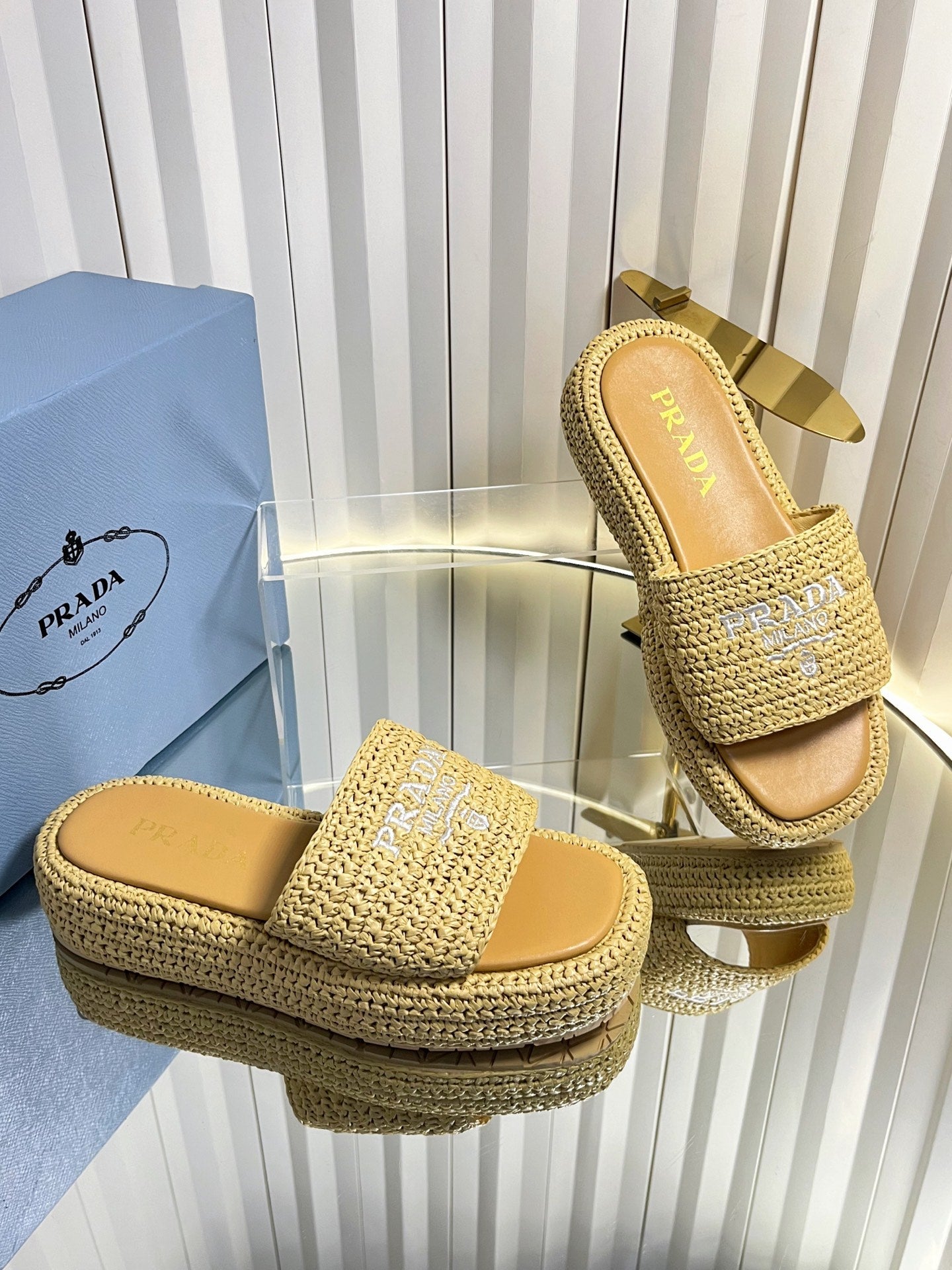 Prada 202 Platform Slide Sandals 40mm Woven Raffia 768777