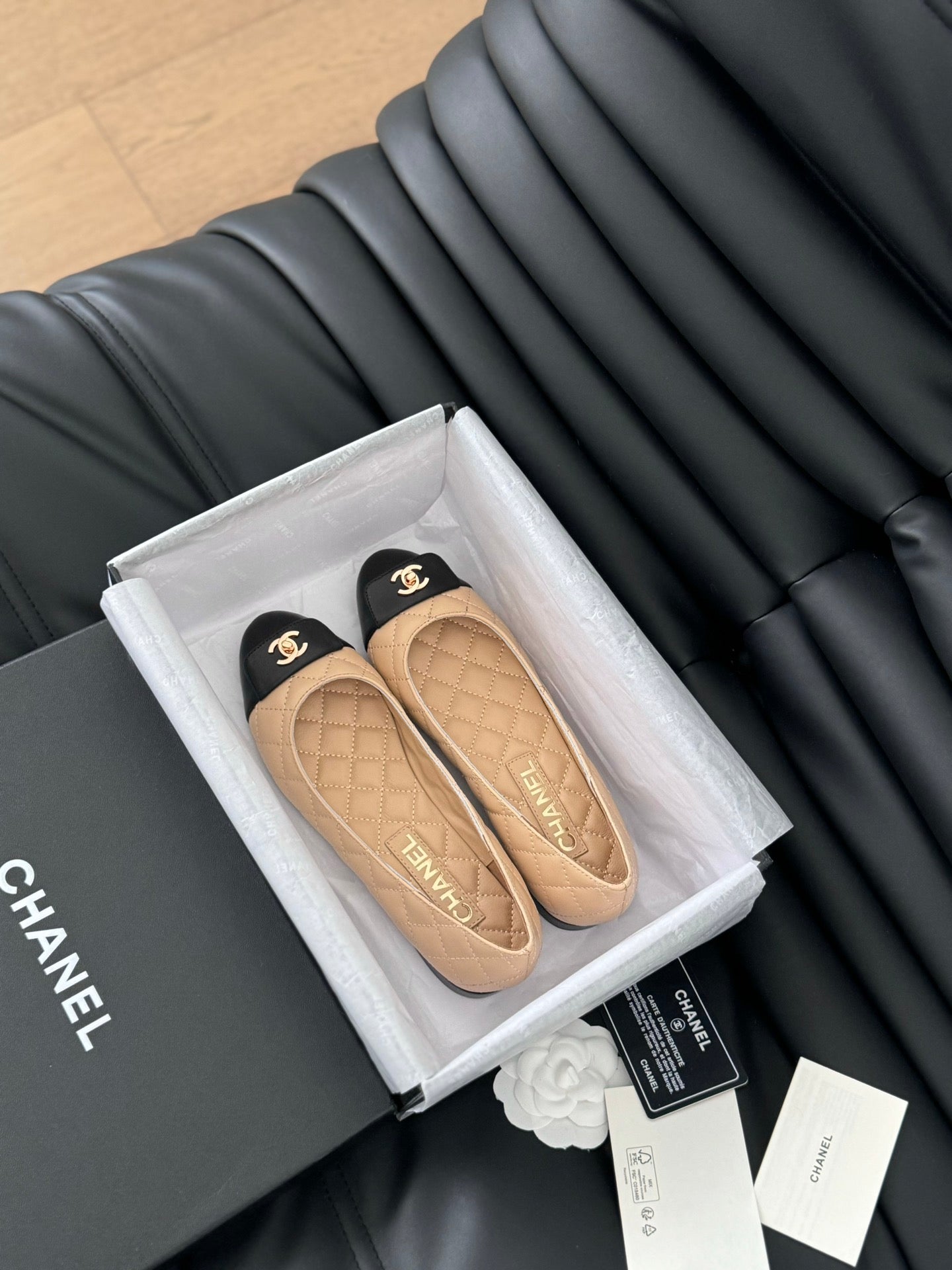 cc classic ballet flat beige quilted calfskin