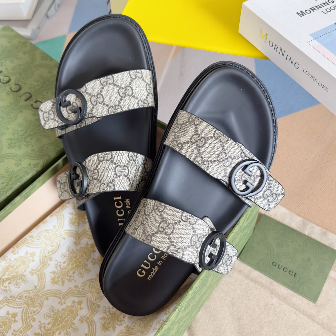 GG Men's Sandals Slide Brown Canvas 558134