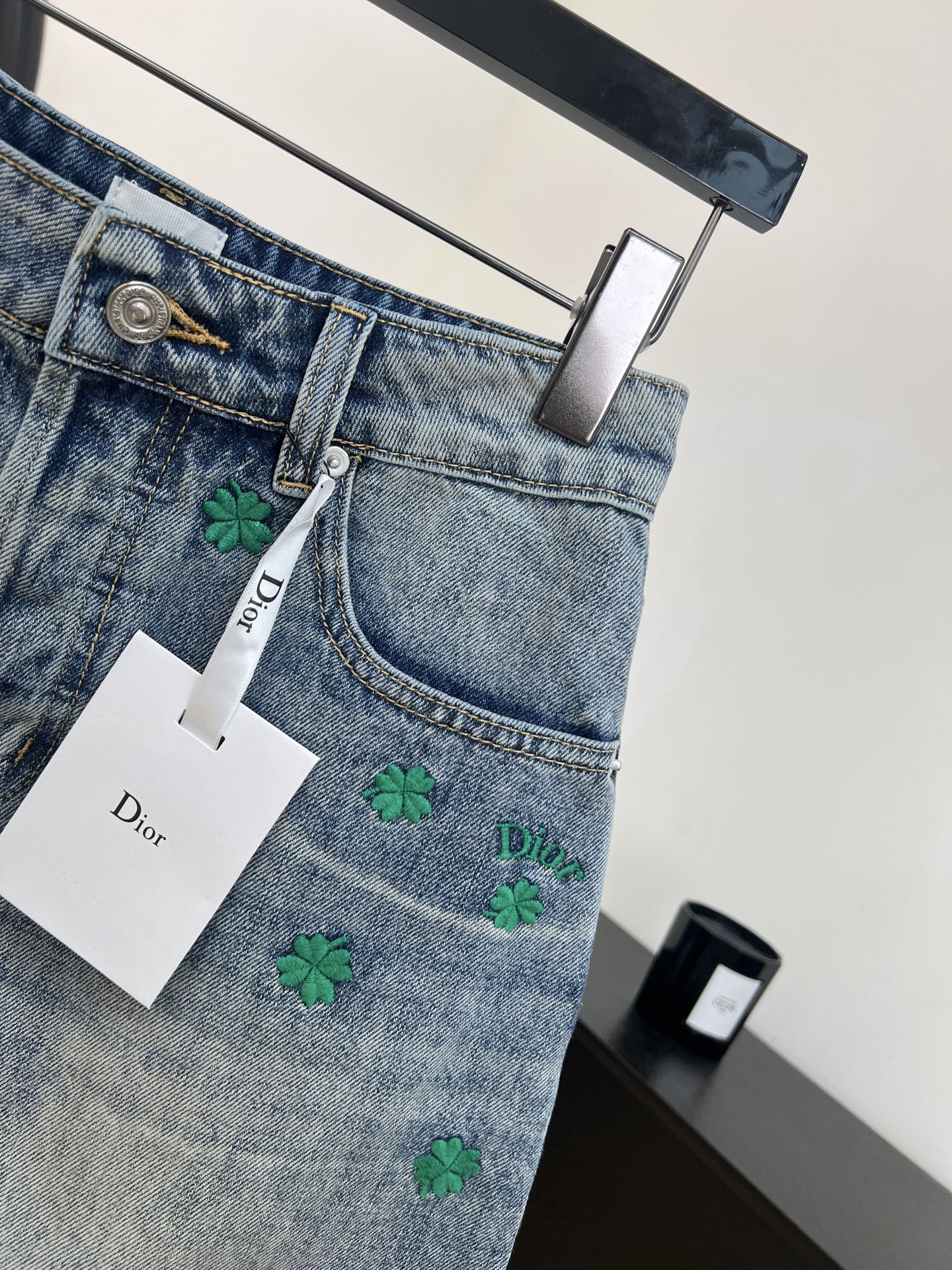 Dior 2026 Clover Embroidered Denim Midi Skirt Blue Cotton 138335