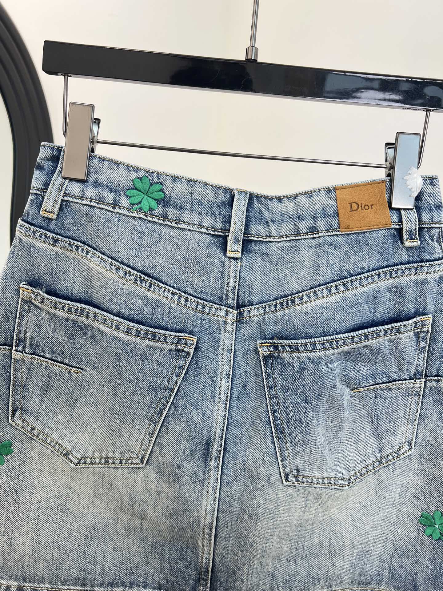 Dior 2026 Clover Embroidered Denim Midi Skirt Blue Cotton 138335