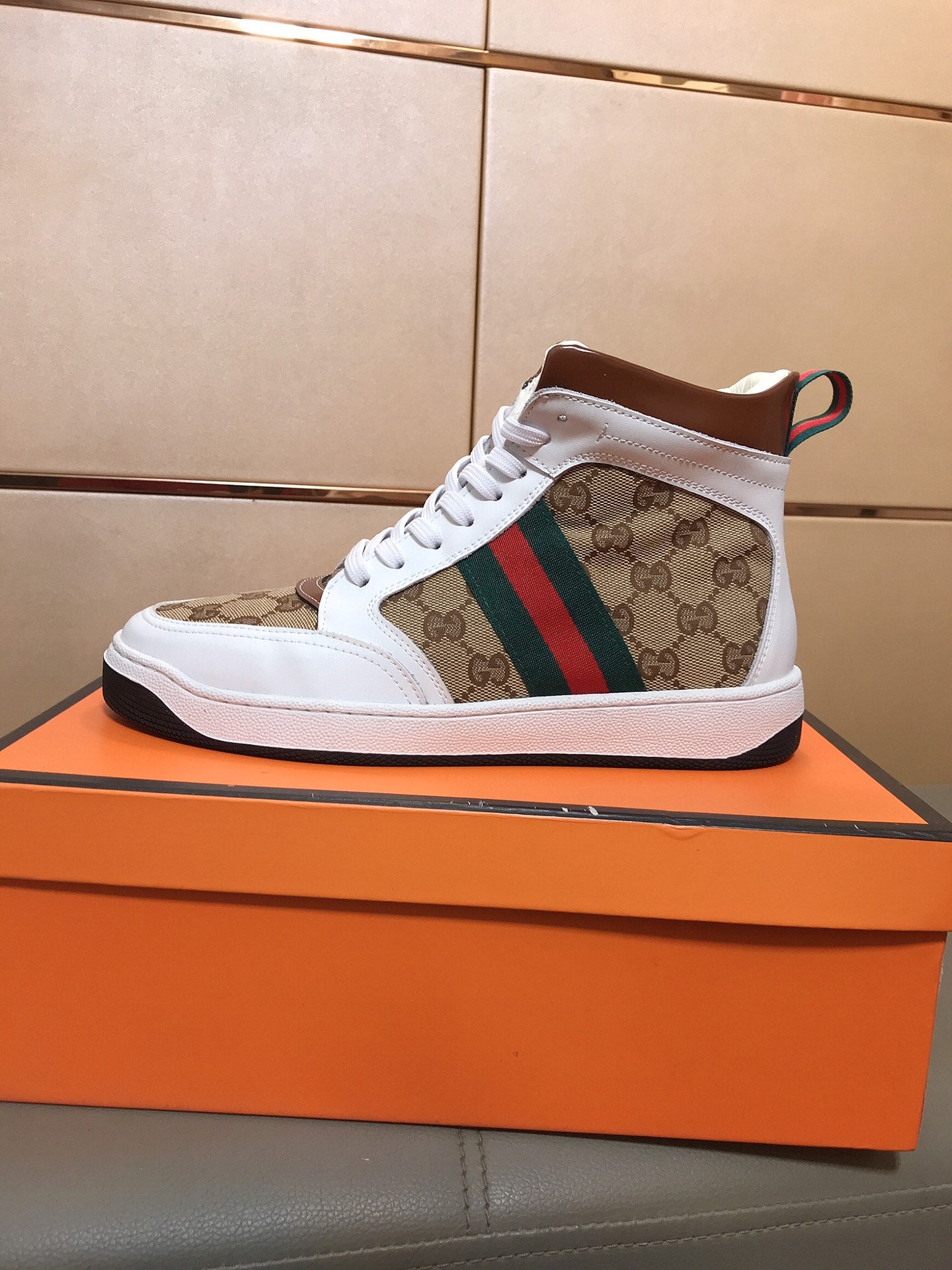 GG Men's High-top Sneakers Brown White Printed Fabric Cowhide 525321