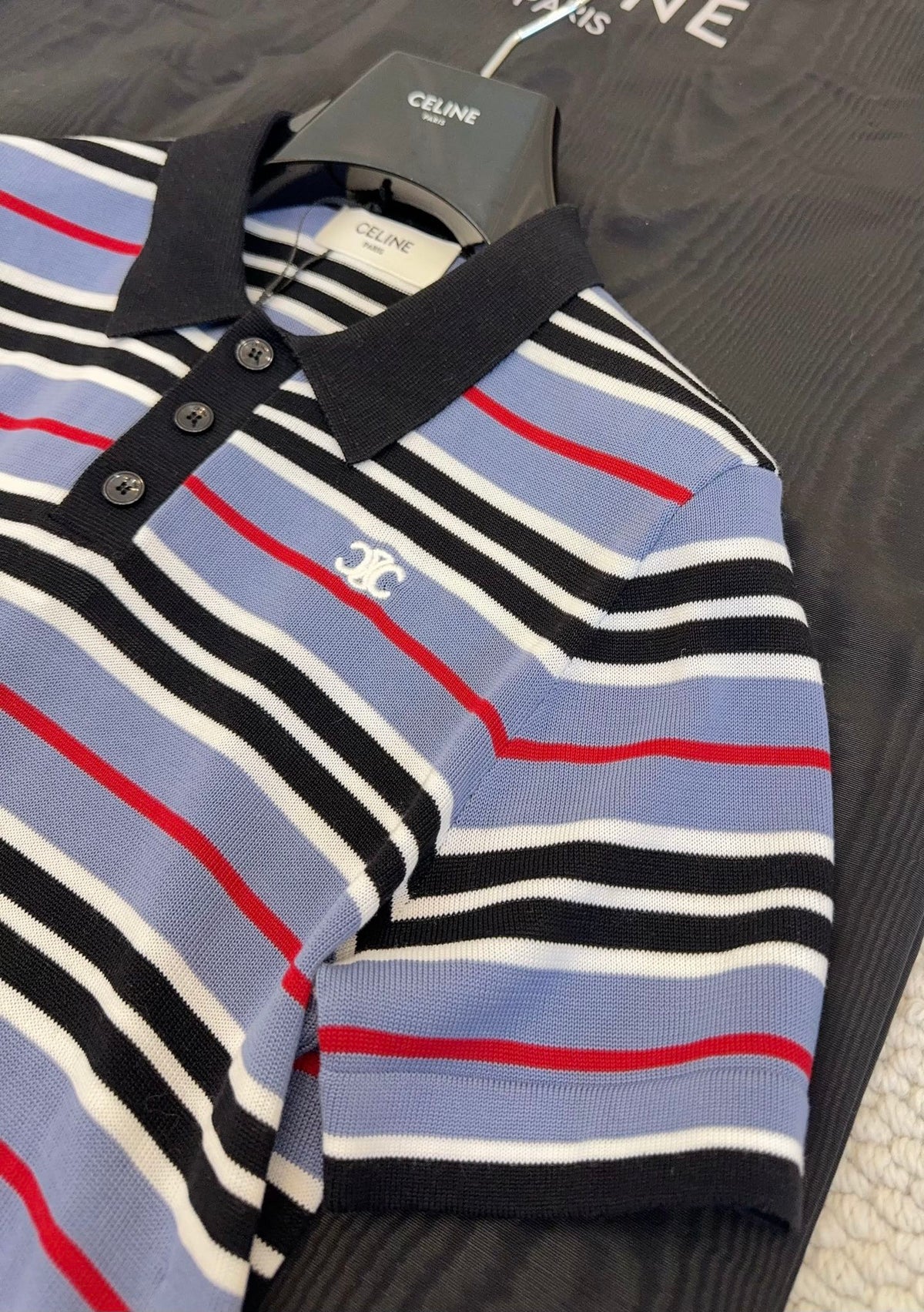 Celine 2025 Striped Polo Shirt Blue Black White Cotton