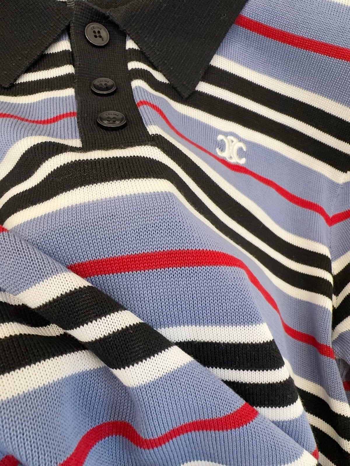 Celine 2025 Striped Polo Shirt Blue Black White Cotton