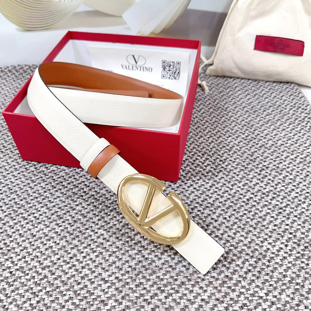 The Bold Edition Reversible Belt 30mm Cream Brown Grained Calfskin Gold Buckle