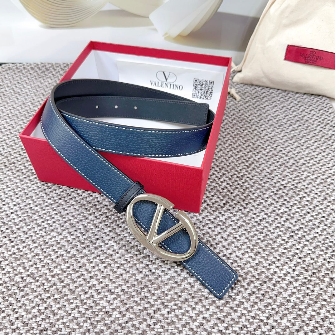 The Bold Edition Reversible Belt 30mm Blue Black Grained Calfskin Silver Buckle