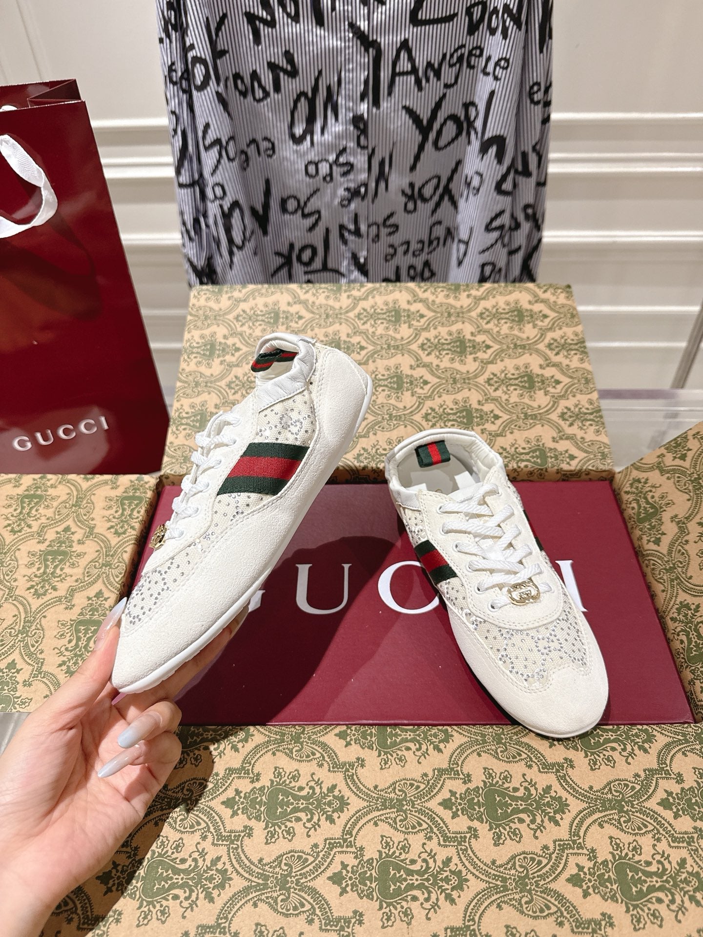 Gucci 2025 Shift GG Crystal Sneaker Off-white Suede Fabric