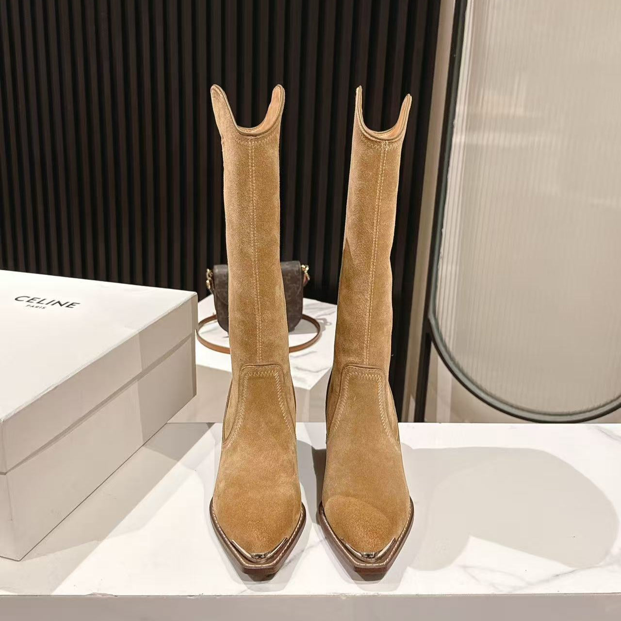 CELINE 25 Mid Calf Cowboy Boots Light Brown Suede