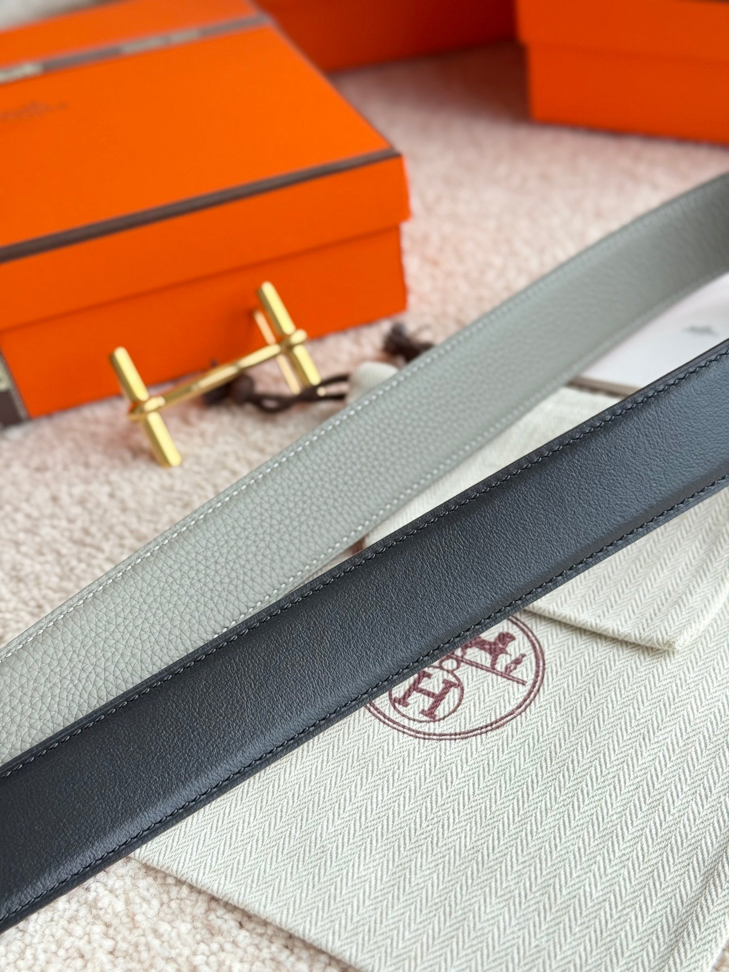 HM Gold H d'Ancre Belt Meyer Gray Leather 187774