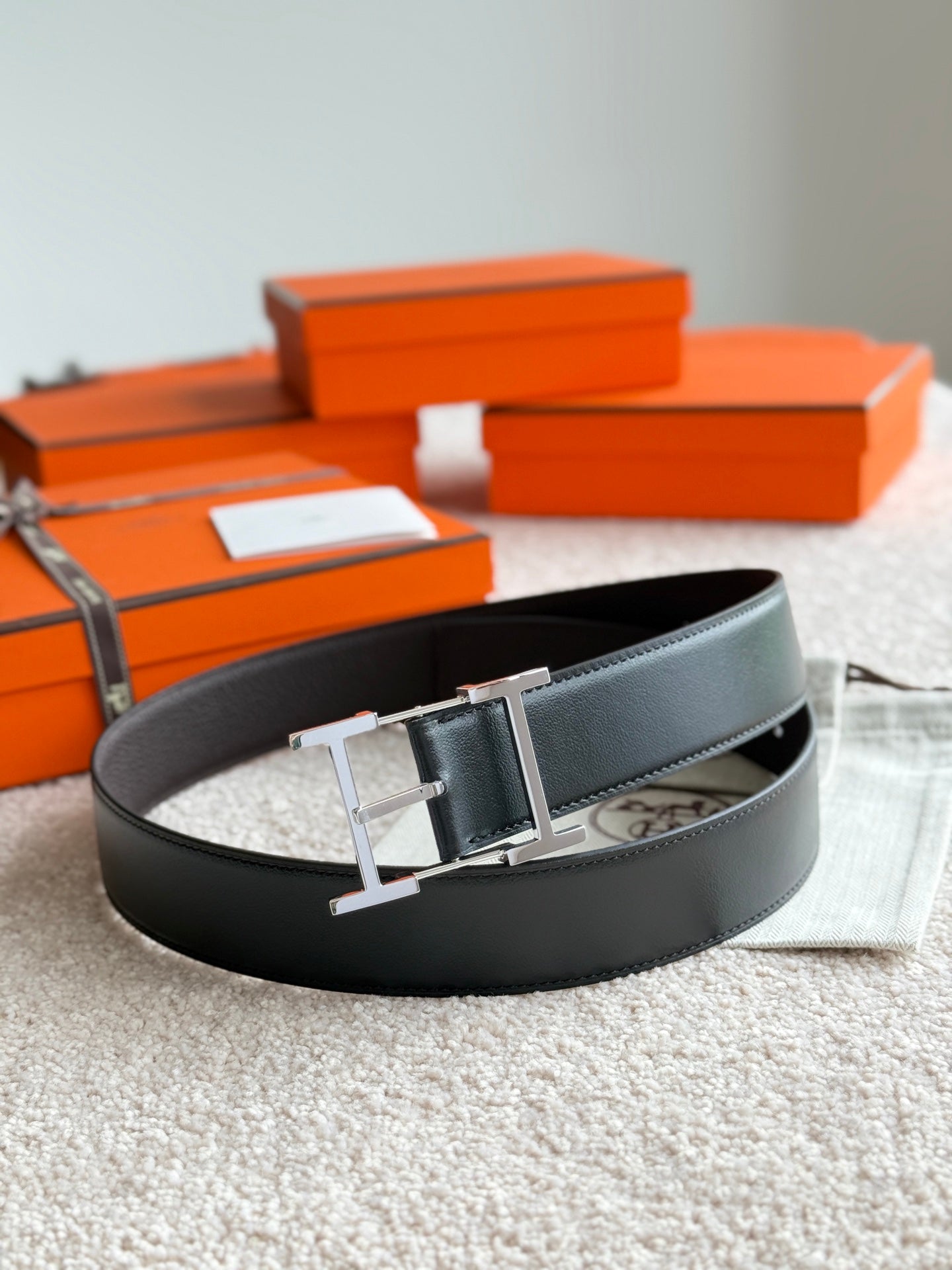 HM Silver Hadrien Reversible 38mm Belt Black Chocolate Leather 188079