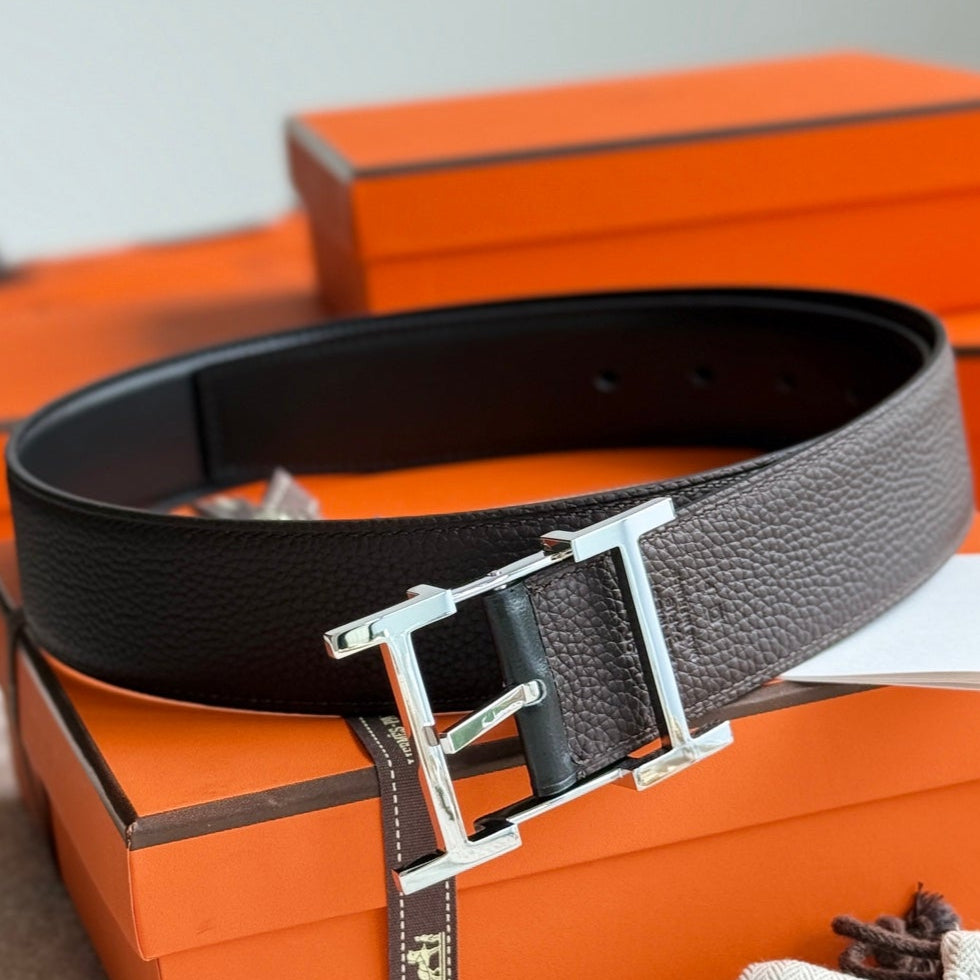 HM Silver Hadrien Reversible 38mm Belt Black Chocolate Leather 188079
