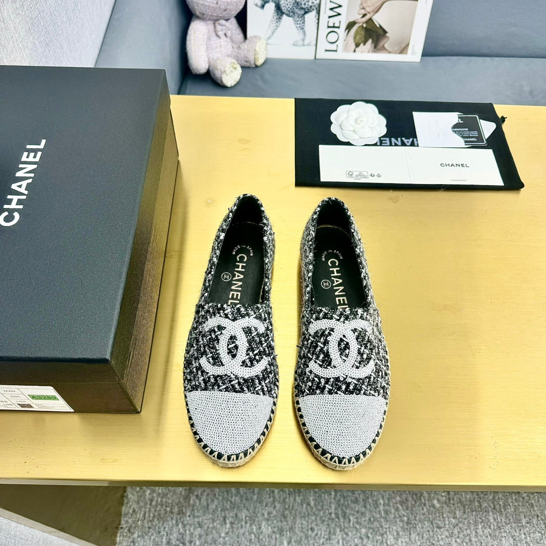 espadrilles white black tweed white sequin