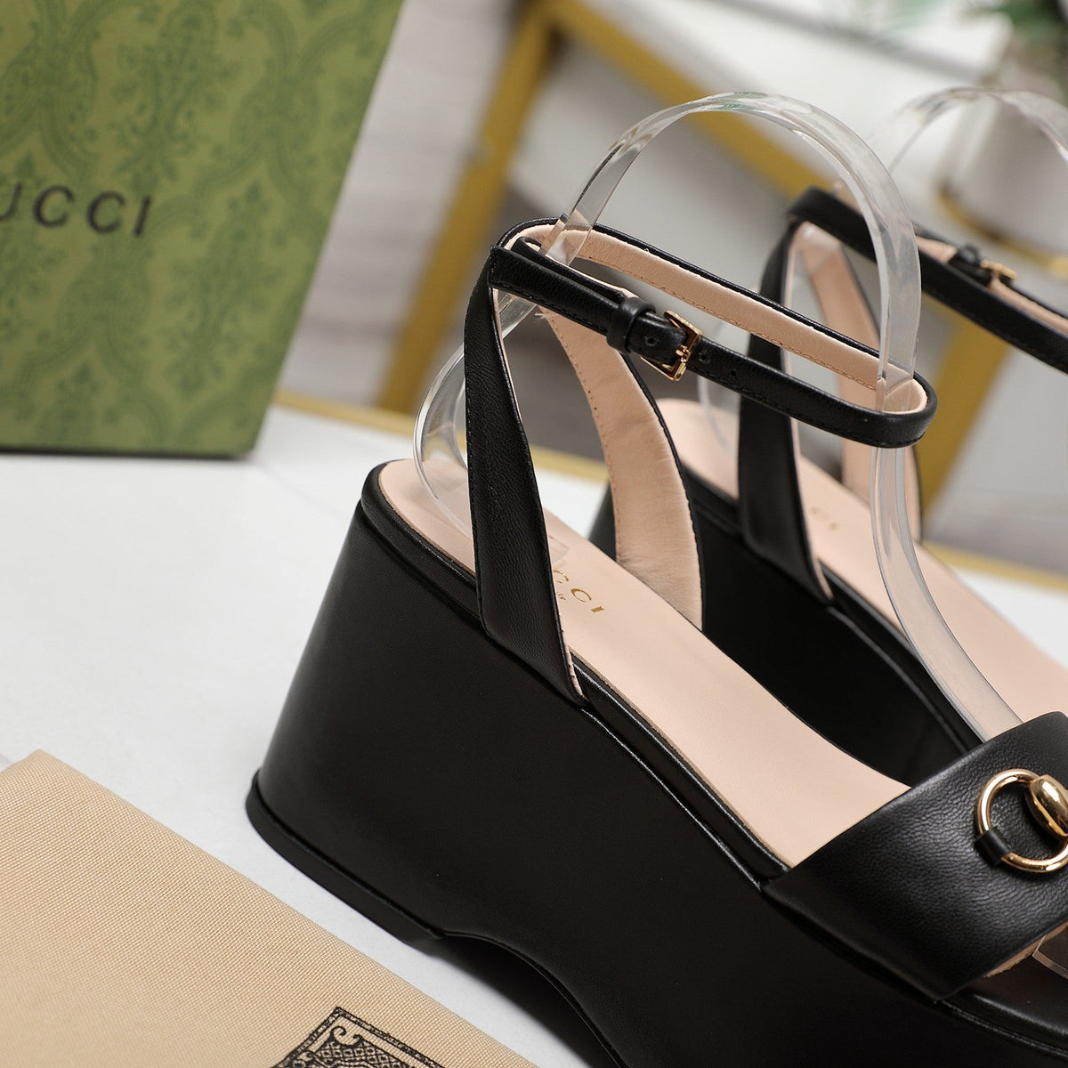 GG  Horsebit Wedges Sandals Black
