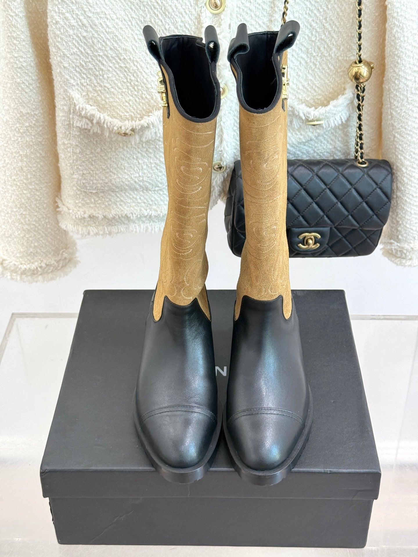 CC cowboy mid-calf boots black brown sheepskin suede 511983